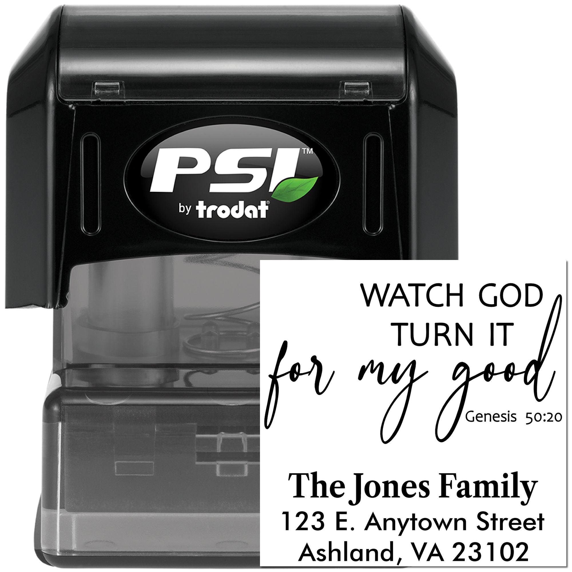 PSI by Trodat self-inking rubber stamp with custom Bible verse, family name, and address for personalized return mail
