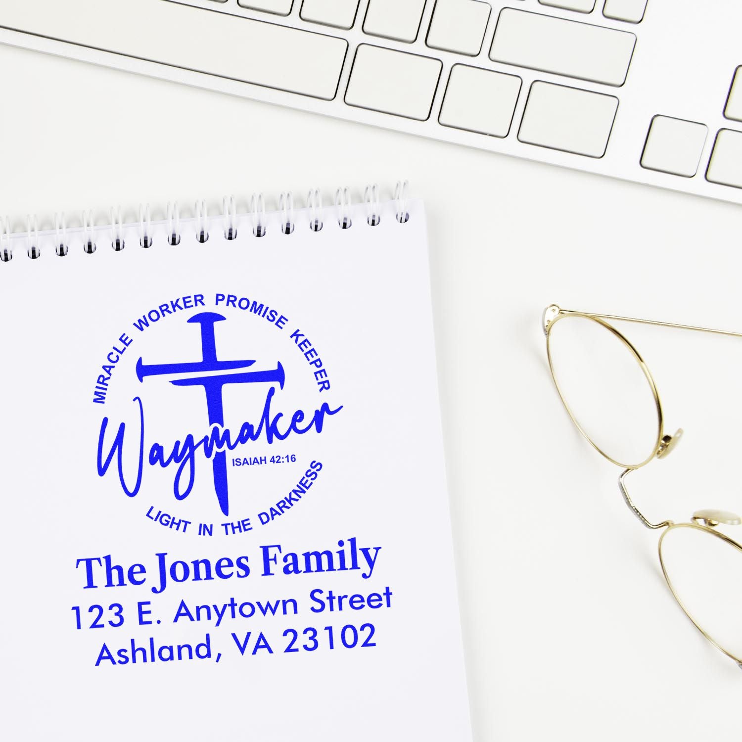 Personalized Waymaker Christian rubber stamp with family return address for envelopes, stationery, and church mail.