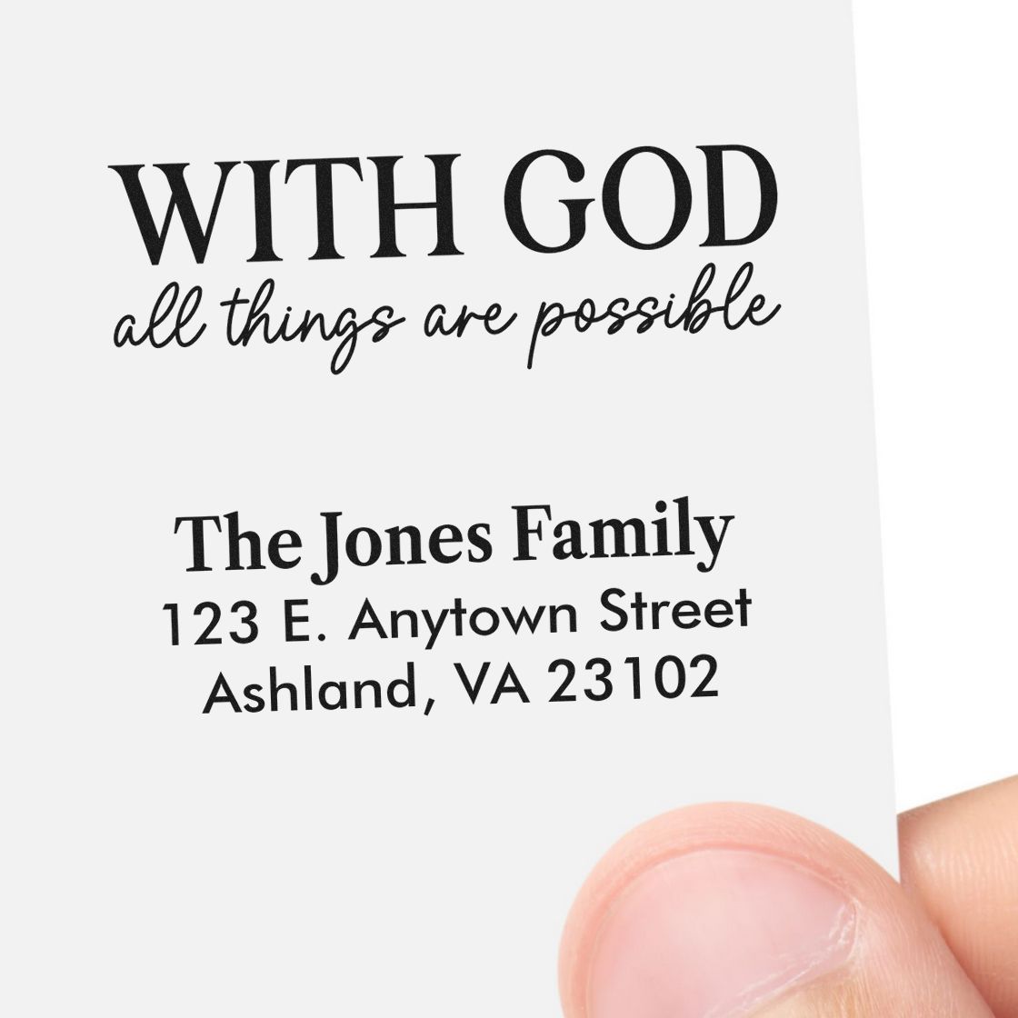 Custom rubber stamp proof with Christian quote and personalized family address, ideal for envelopes and stationery.