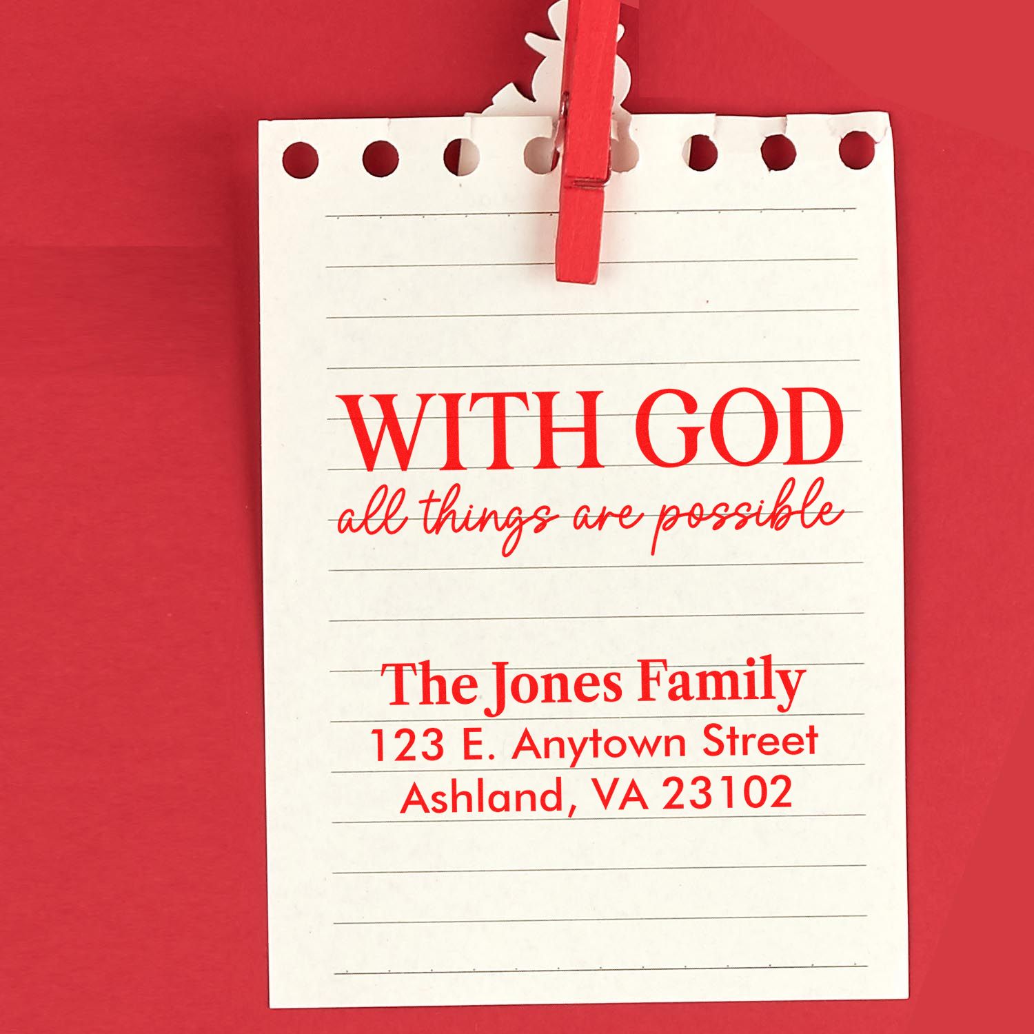 Custom rubber stamp with Bible verse With God all things are possible and personalized family return address.