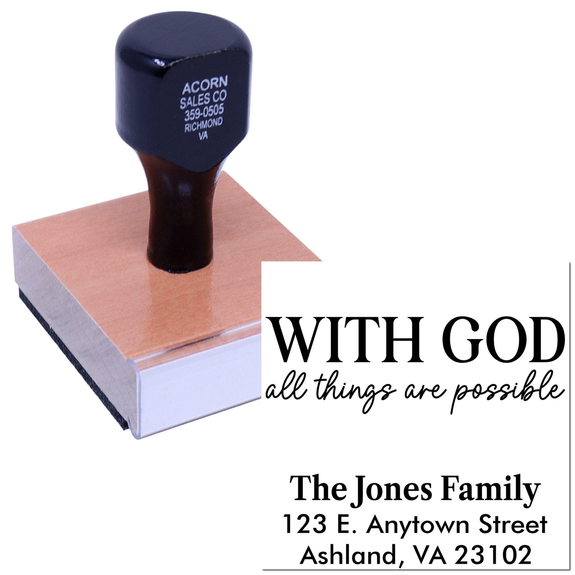Custom wood rubber stamp showing personalized family address and faith message imprint example