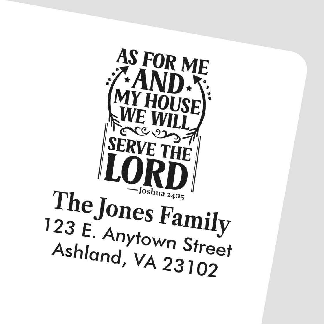 Custom Christian family address rubber stamp with Joshua 24:15 verse and The Jones Family mailing address.