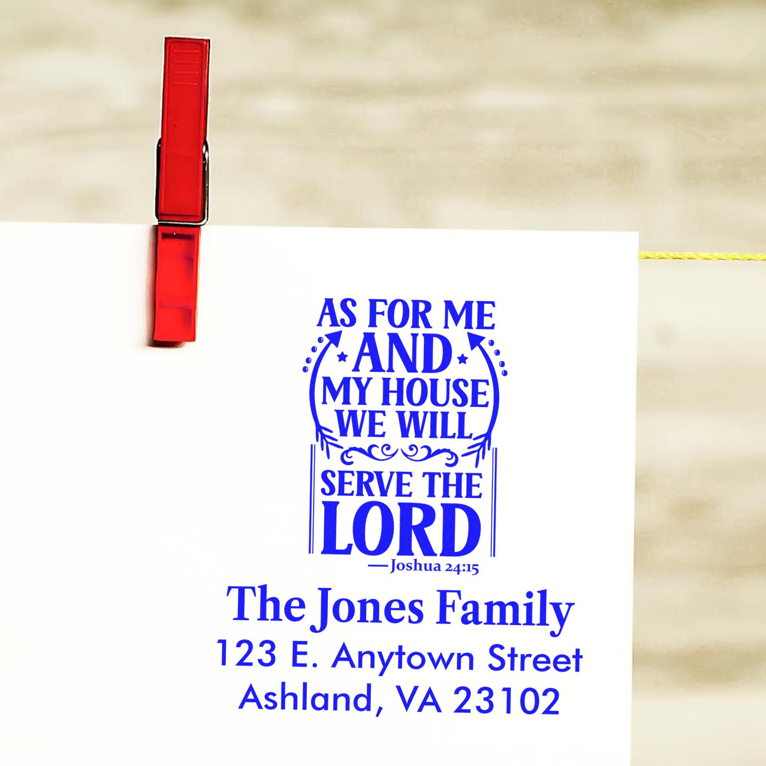 Personalized rubber stamp design with Joshua 24:15 verse and The Jones Family address on a clipped card.