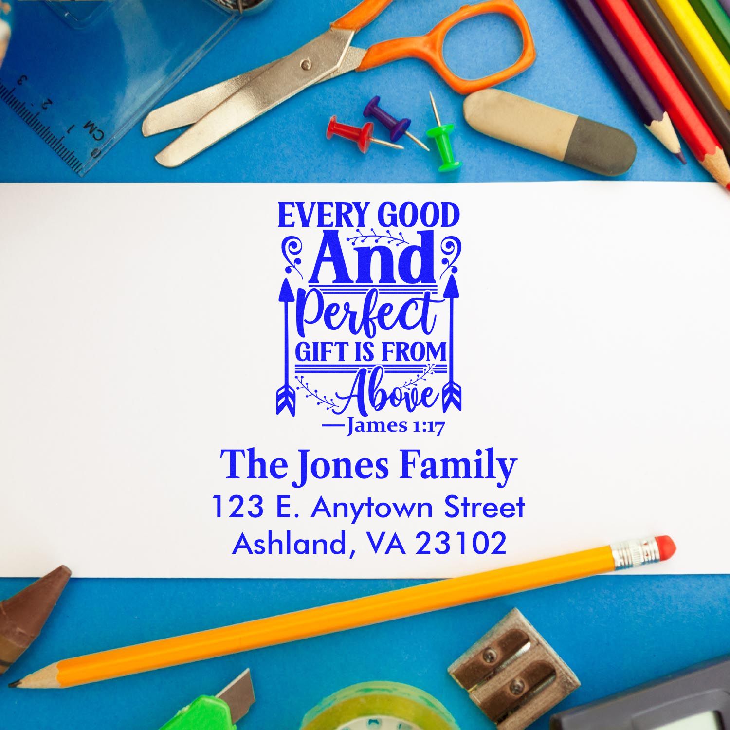 Personalized return address rubber stamp with James 1:17 Bible verse for The Jones Family, shown on stationery.