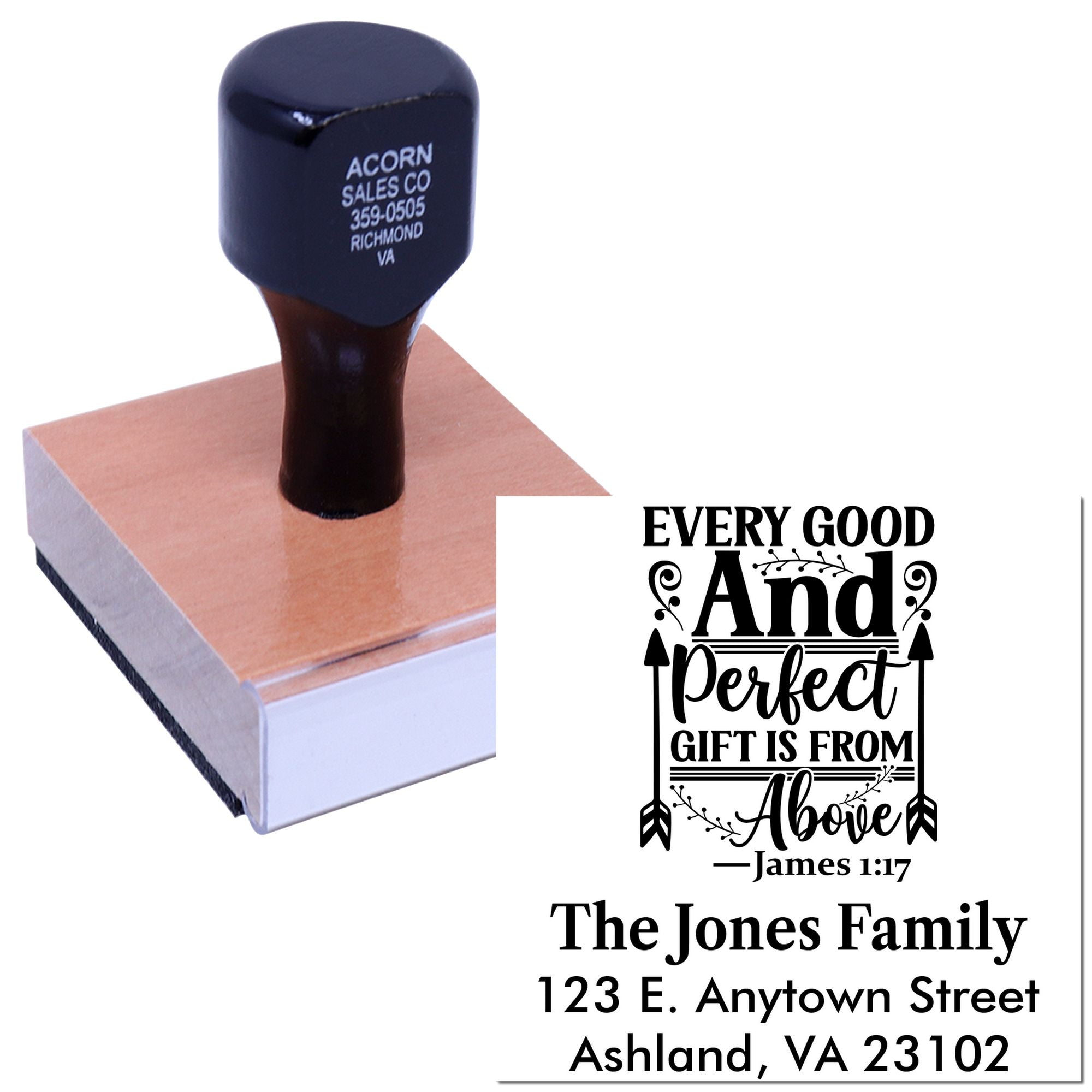 Personalized rubber address stamp with Christian verse, family name, and return address for gifts and packaging