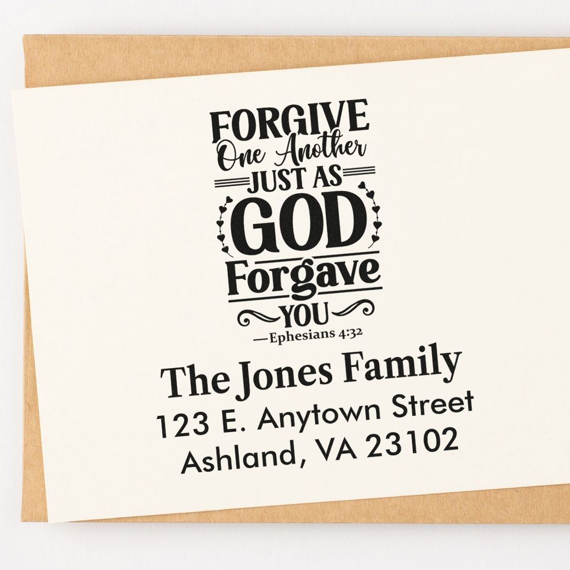 Personalized Christian address stamp with Ephesians 4:32 verse and family name for envelopes, cards, and faith-based mail.