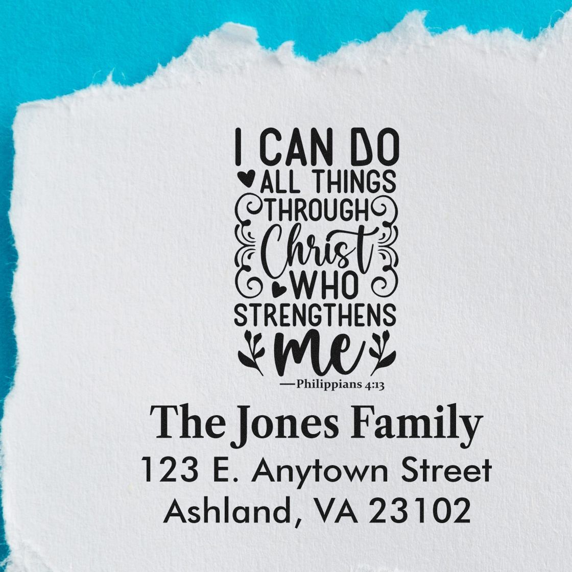 Custom Christian return address rubber stamp featuring Philippians 4:13 for The Jones Family, Ashland, VA.