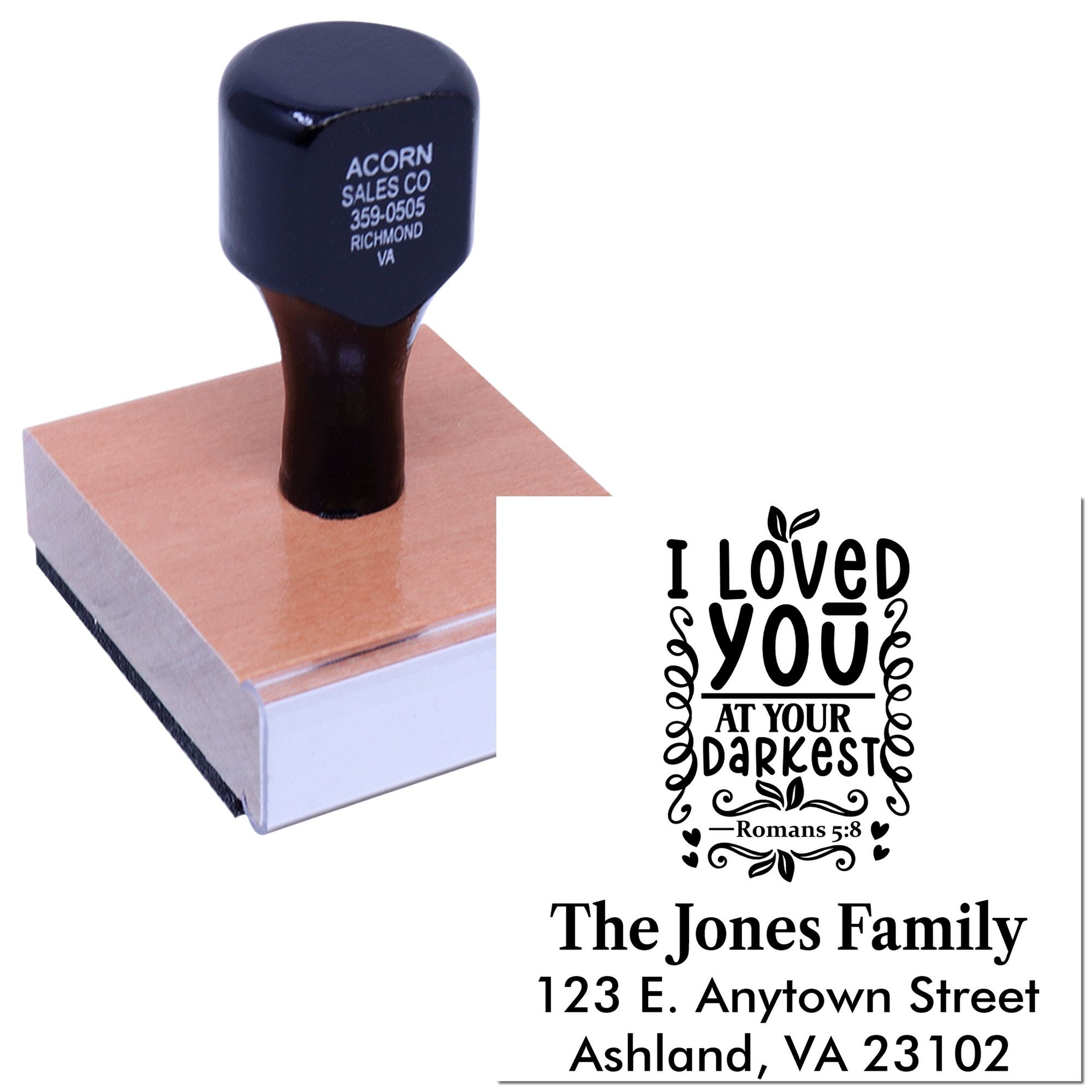 Custom rubber stamp with personalized return address and Romans 5:8 faith design for cards, envelopes, and stationery.