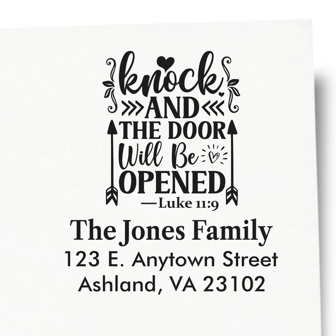 Custom Christian return address stamp featuring Knock and the door will be opened Luke 11:9 for The Jones Family.