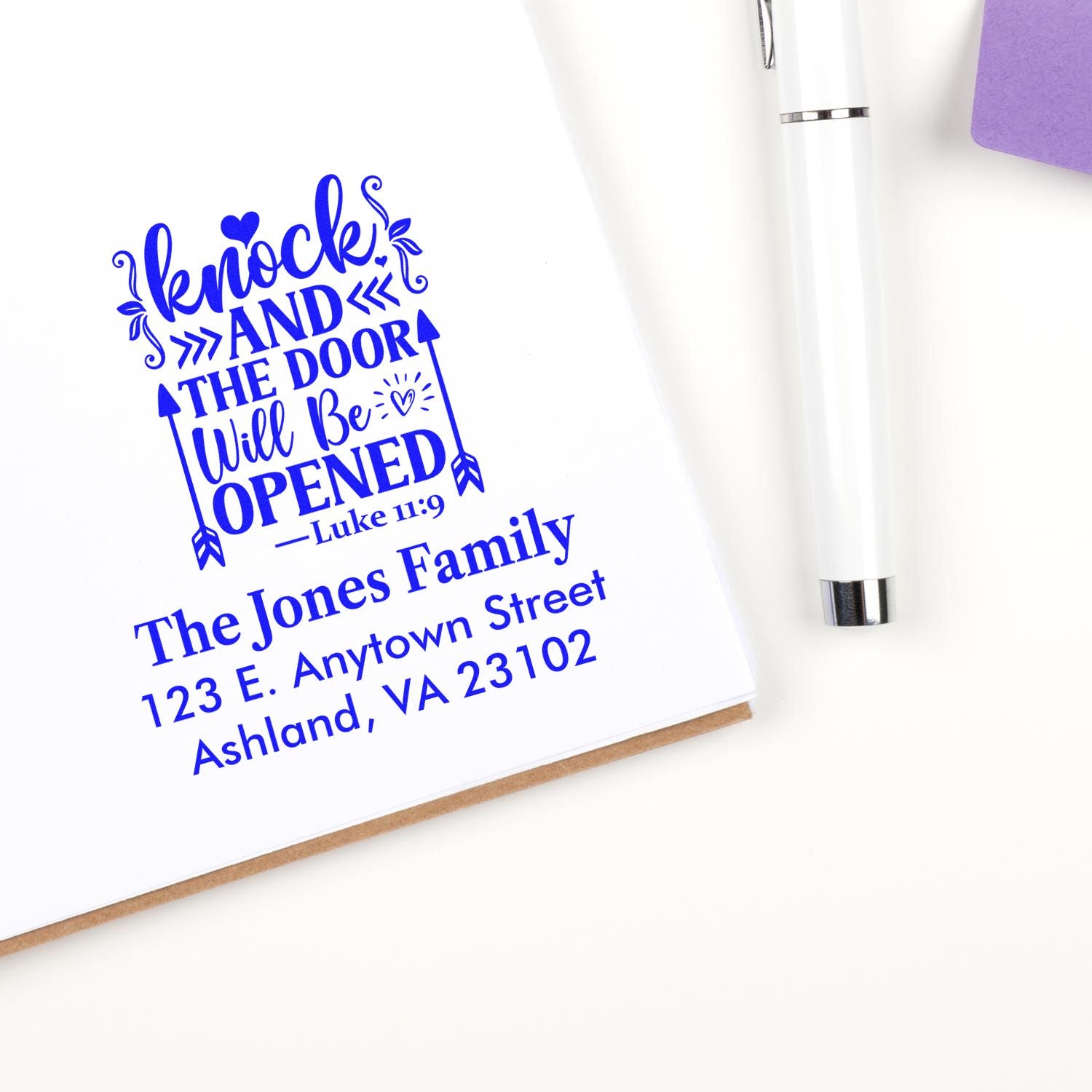 Custom Bible verse address rubber stamp with Knock and the door will be opened quote for envelopes and cards.