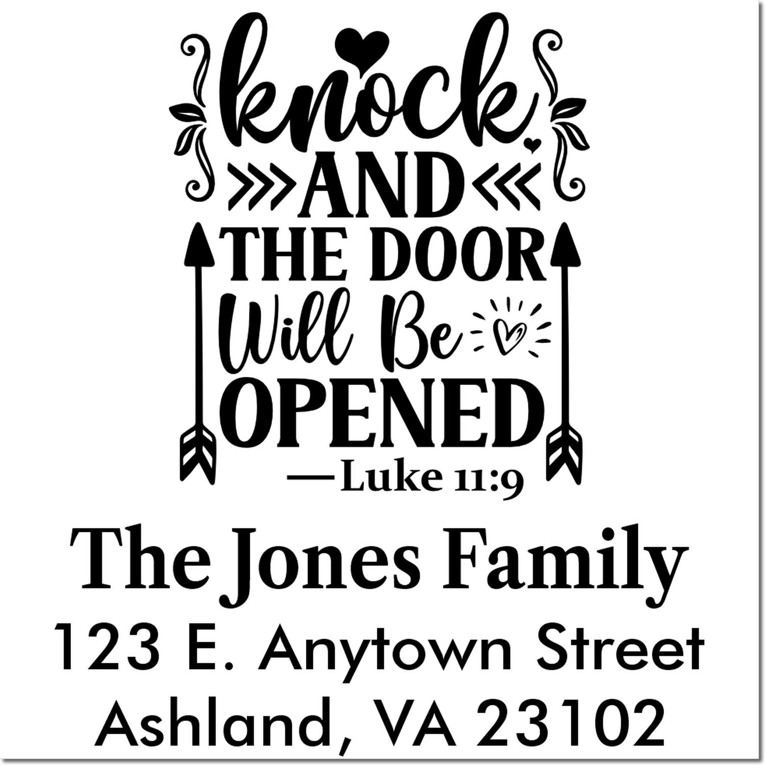 Custom address rubber stamp with Bible verse, Knock and the door will be opened, for The Jones Family, Ashland VA.
