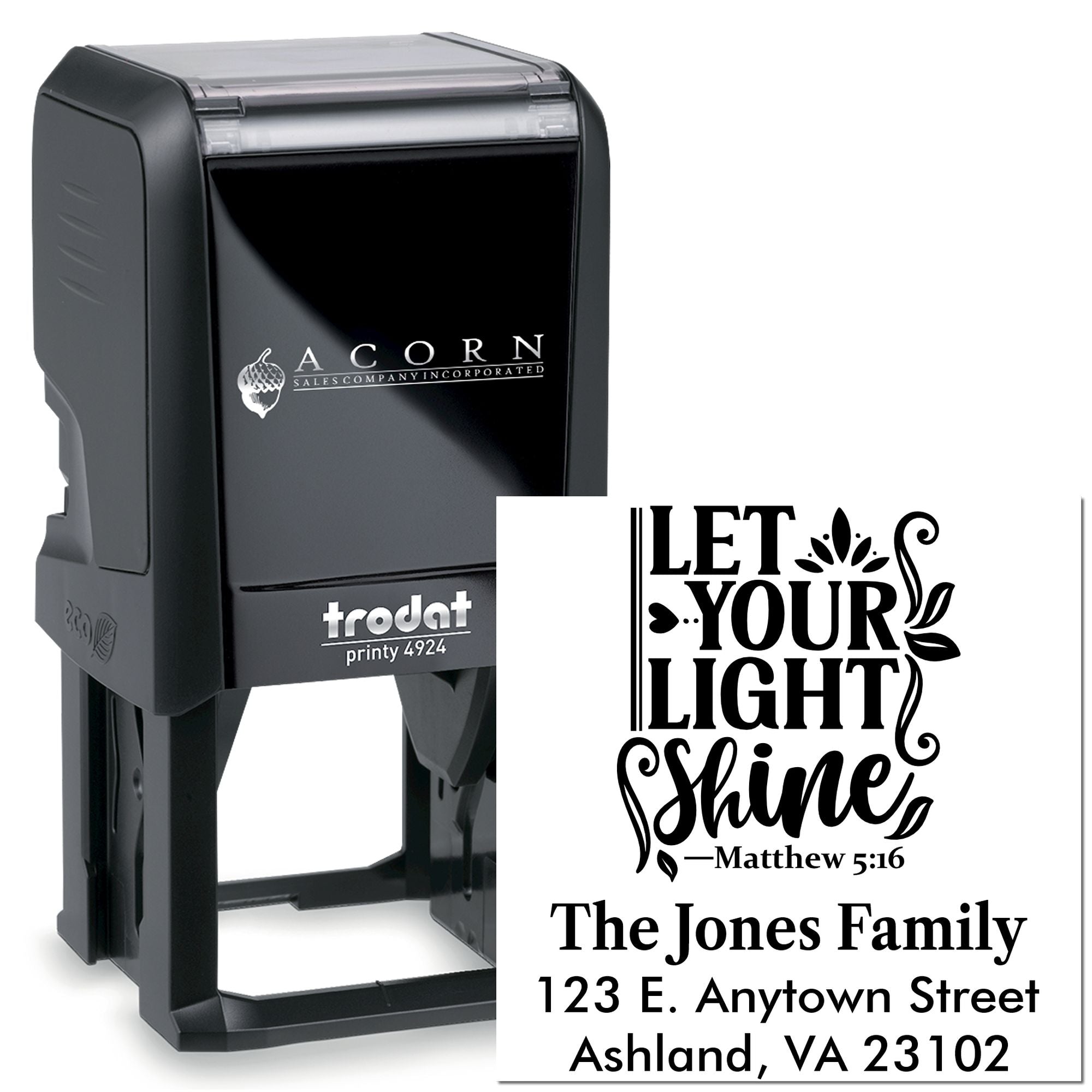 Custom Trodat self-inking rubber stamp featuring Let Your Light Shine Matthew 5:16 and The Jones Family address.