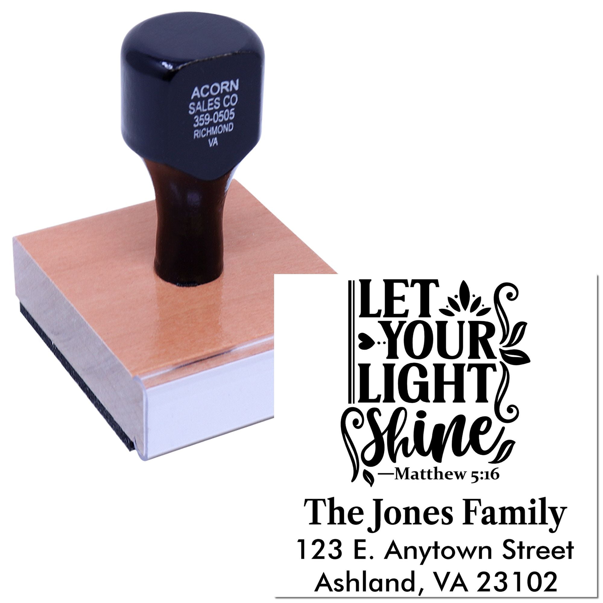 Christian custom address rubber stamp with Let Your Light Shine Matthew 5:16 family name and address imprint