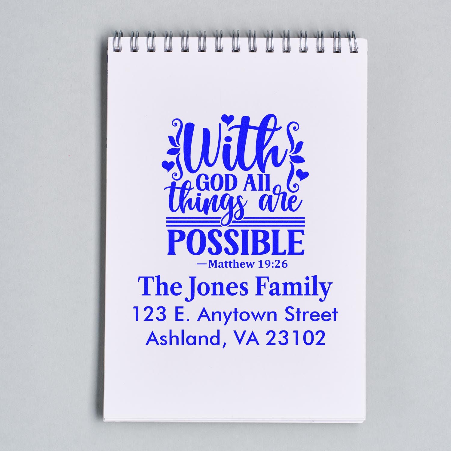 Personalized Christian return address rubber stamp with Matthew 19:26 and family name address design