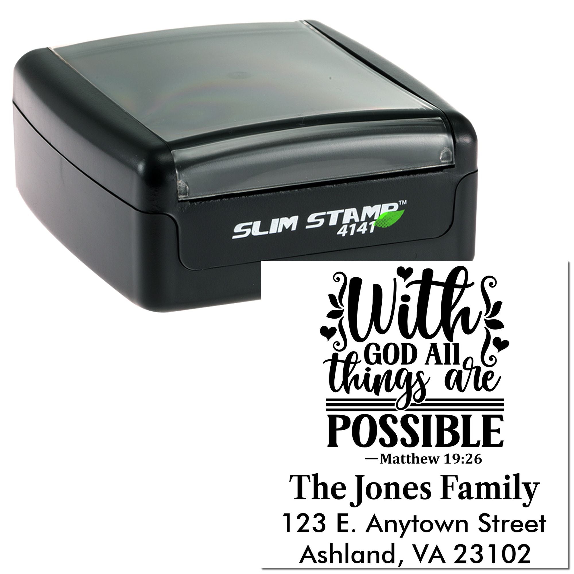 Custom slim self-inking rubber stamp with Matthew 19:26 quote, family name, and address for personalized mailing.