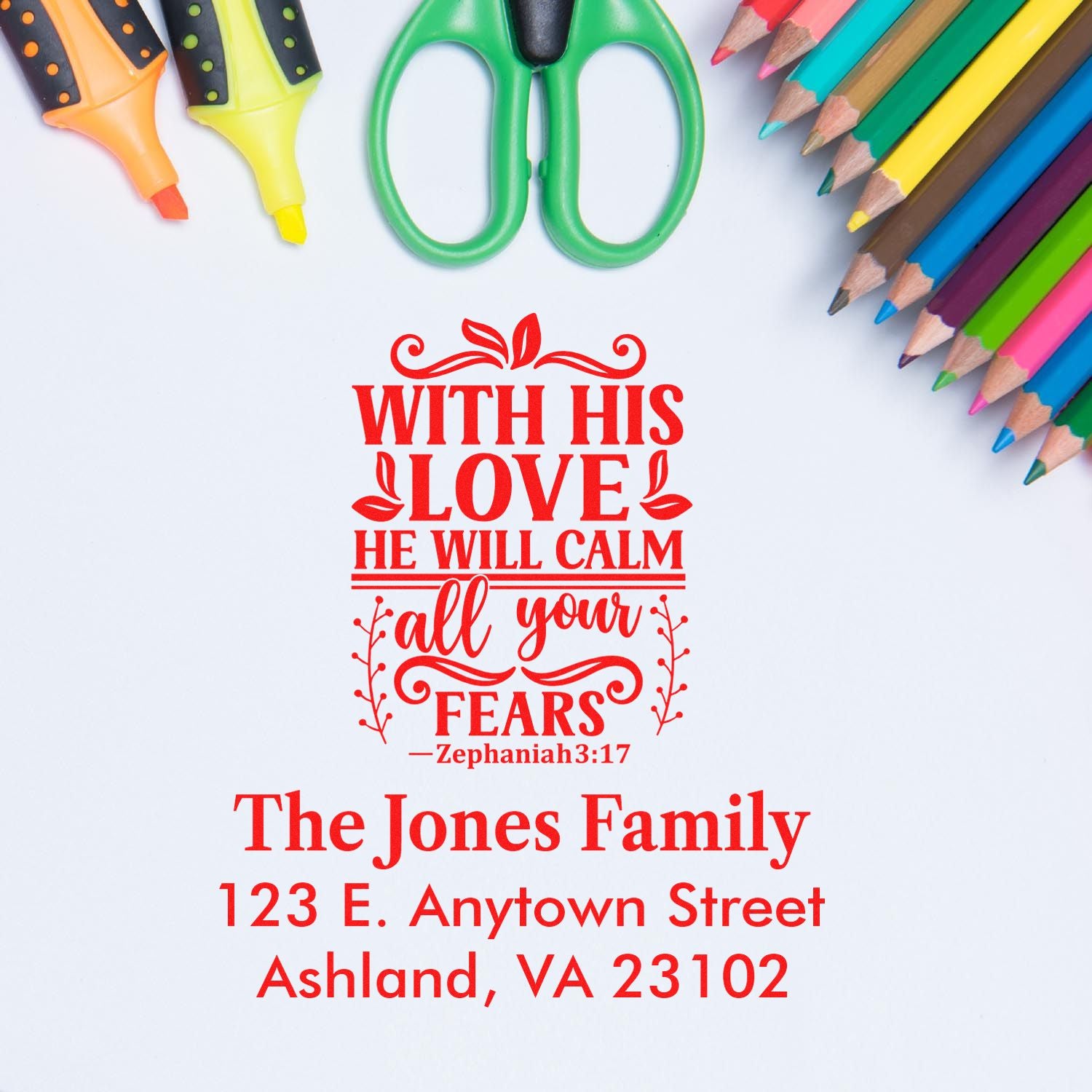 Personalized rubber stamp design with Bible verse and return address for Christian family stationery.