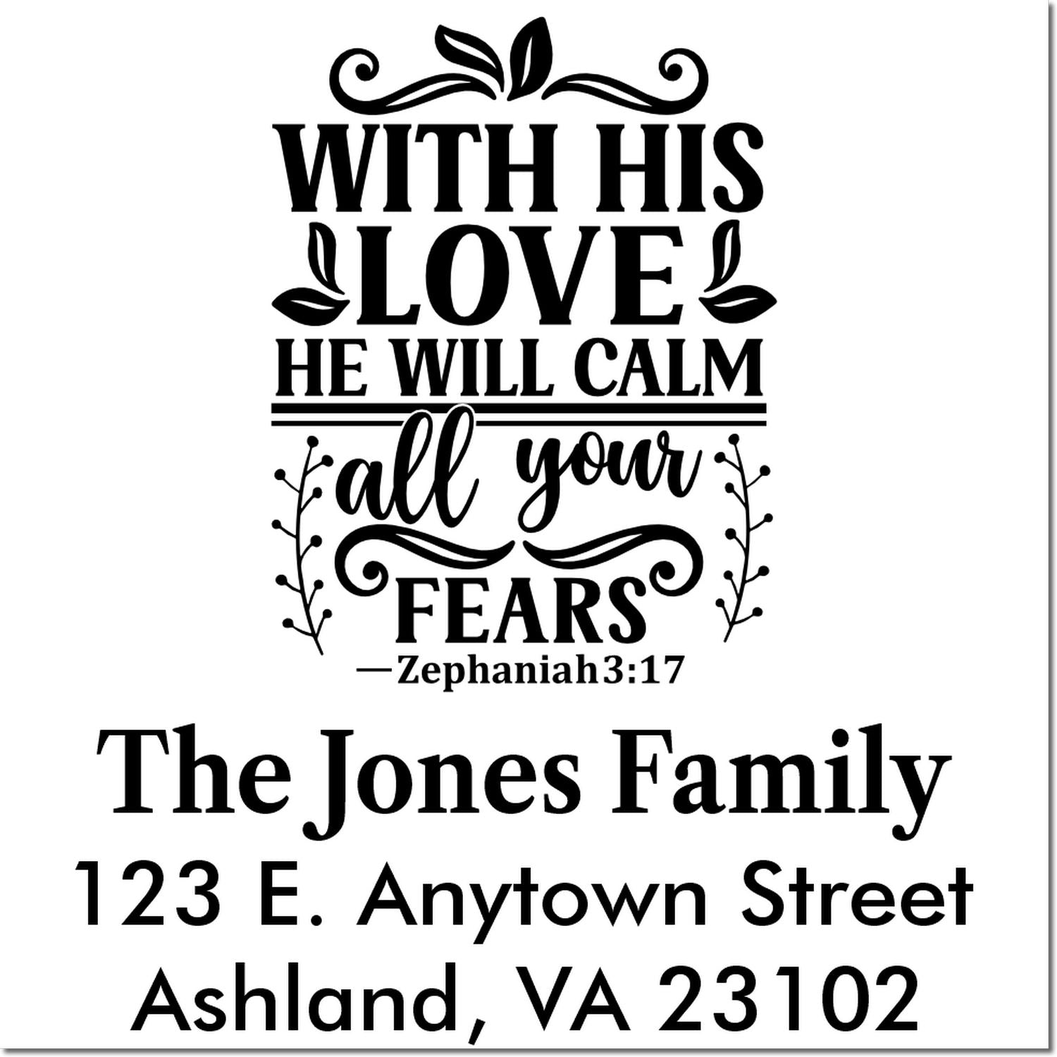 Personalized Christian return address rubber stamp with Zephaniah 3:17 verse, family name, and custom mailing address.