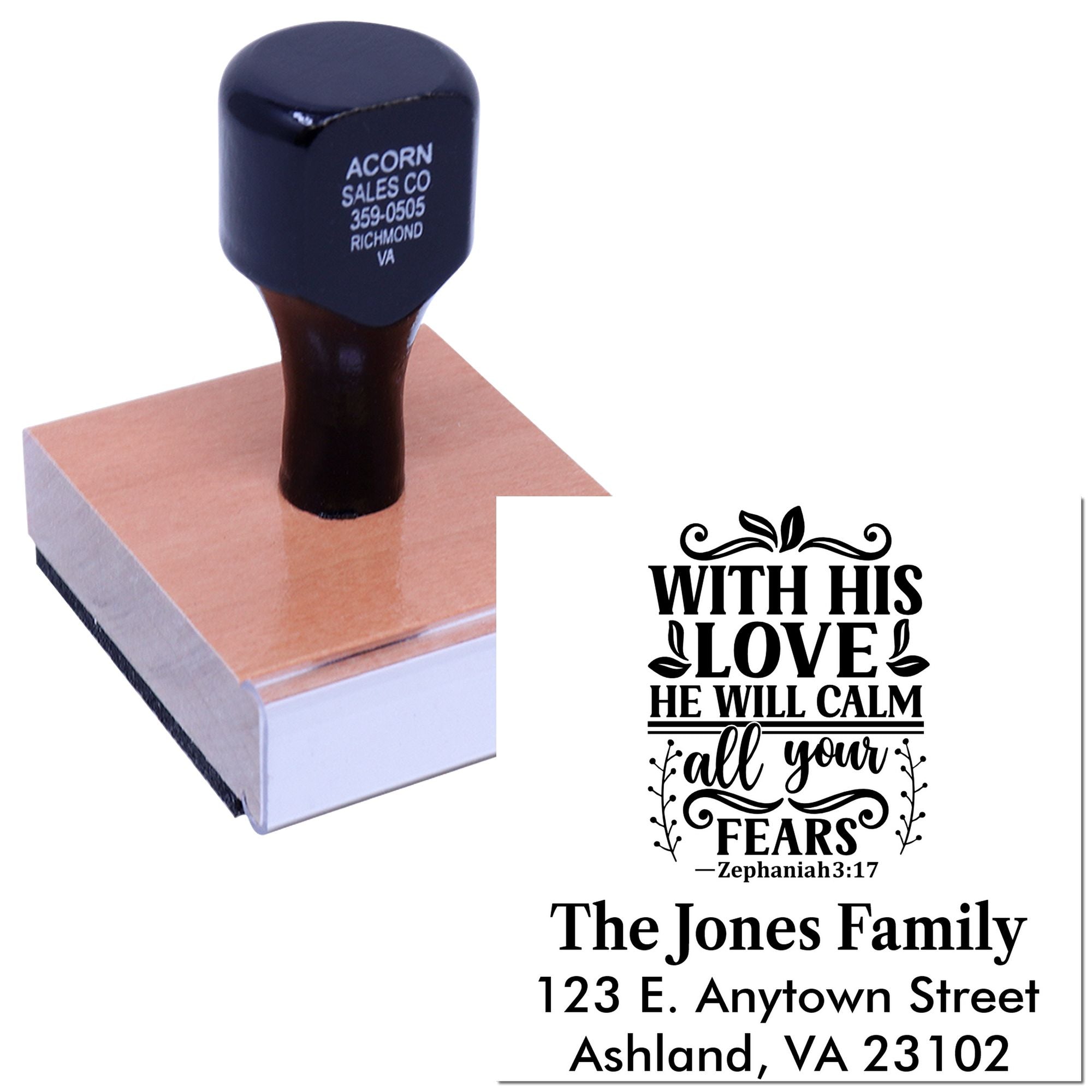Custom rubber stamp with wood handle and personalized Christian verse, family name, and address for stationery and gifts.