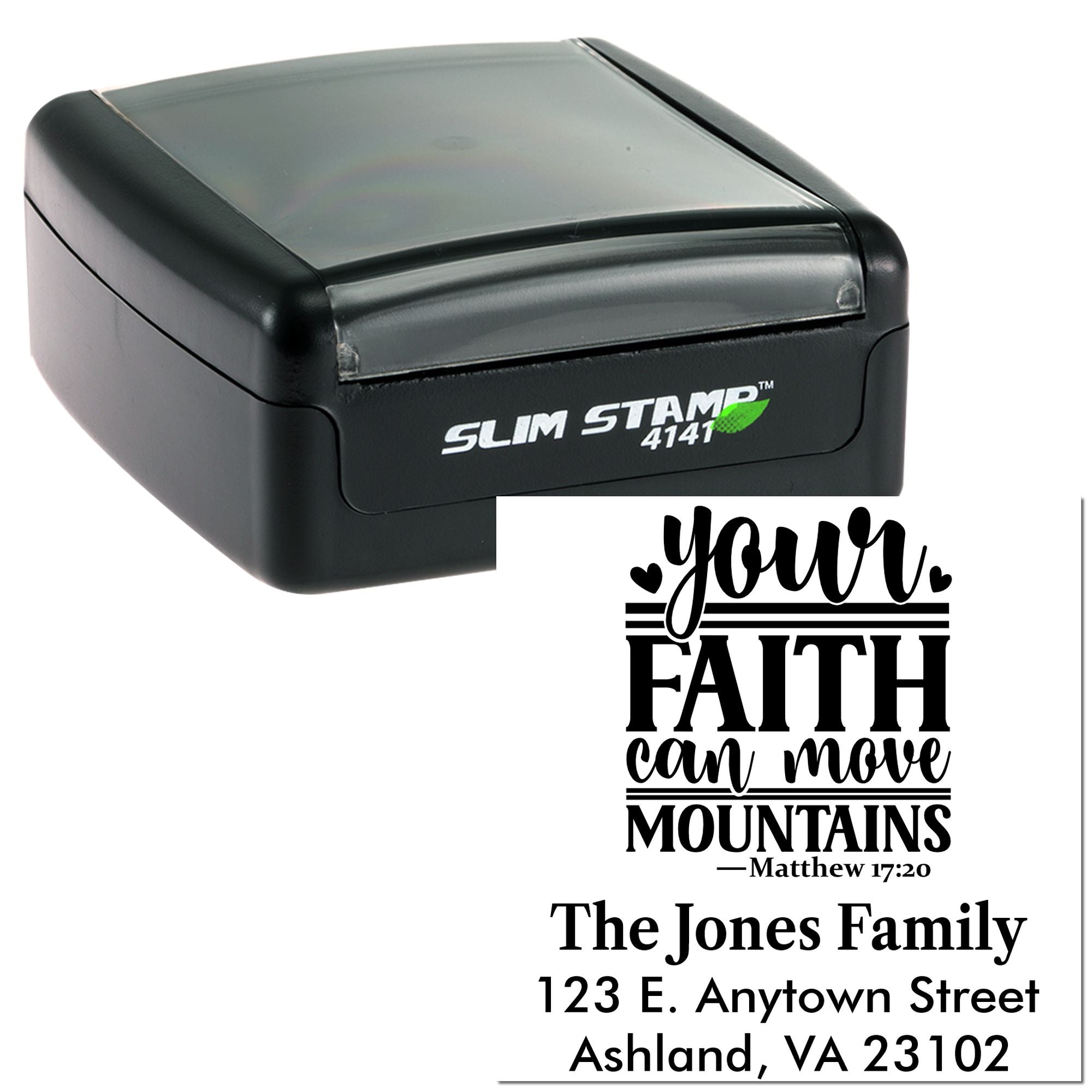 Custom self-inking rubber stamp for return address and faith quote, featuring family name and mailing address.