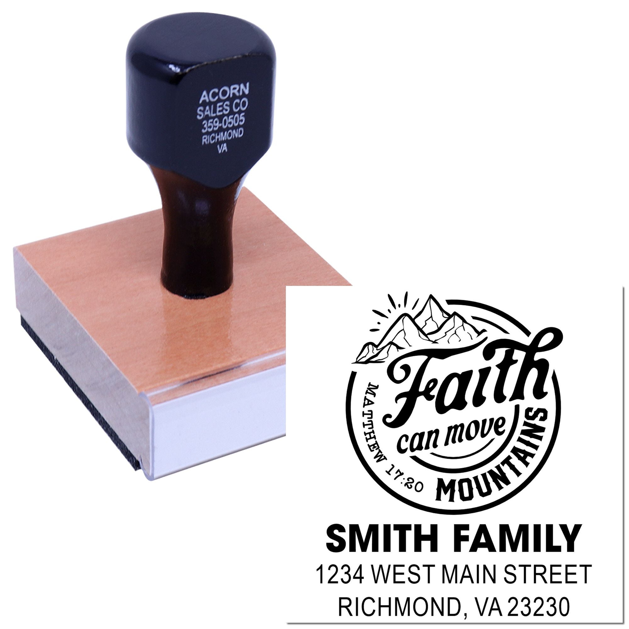 Custom rubber stamp with Faith Can Move Mountains design and Smith Family address for personalized return-address stamping.