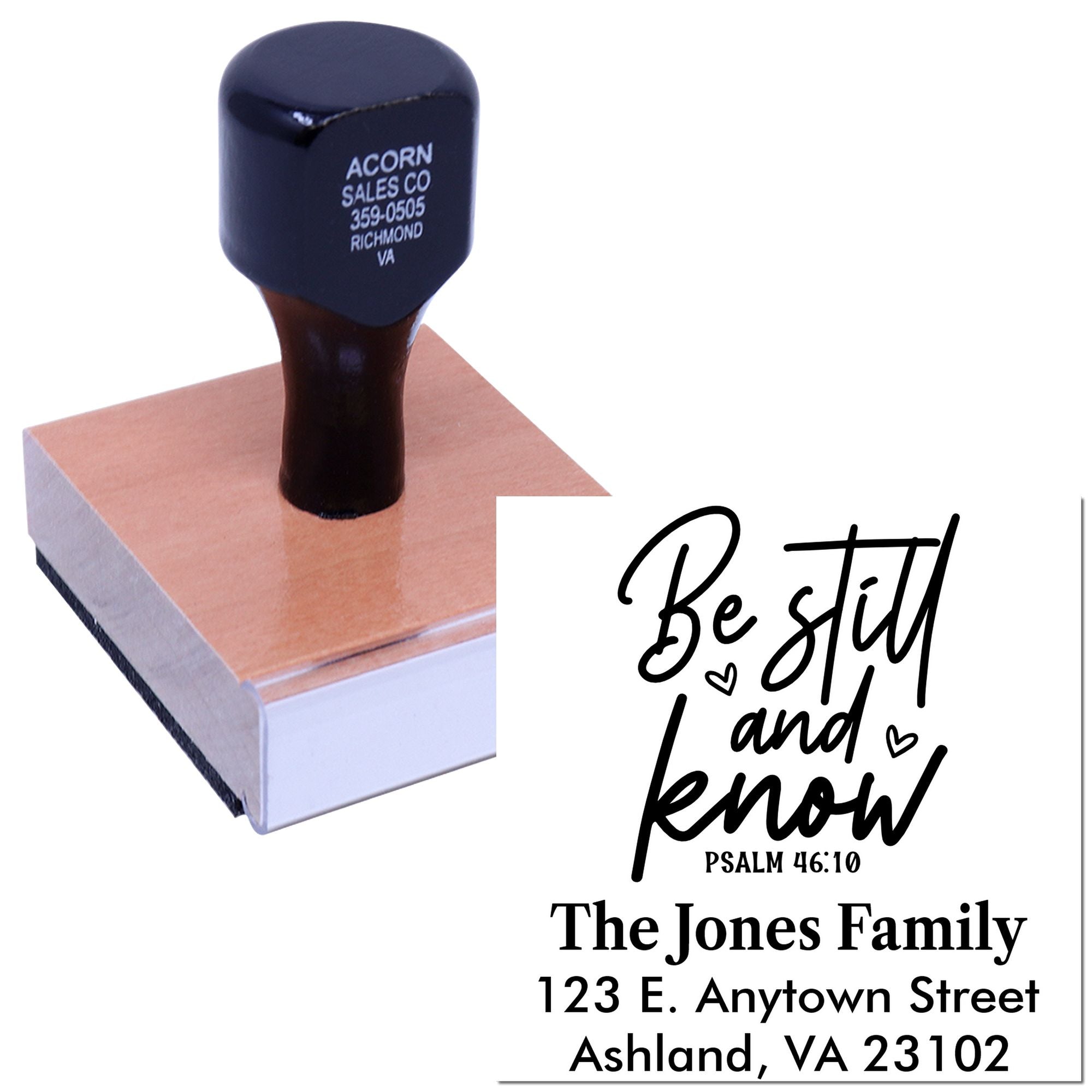 Custom Christian return address rubber stamp with Psalm 46:10, Be still and know, for The Jones Family