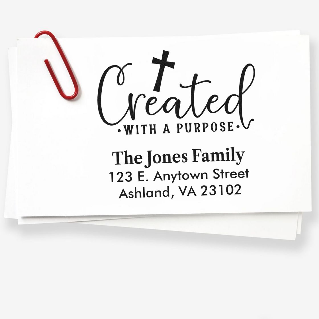 Custom Christian return address rubber stamp with Created with a Purpose design for the Jones family.