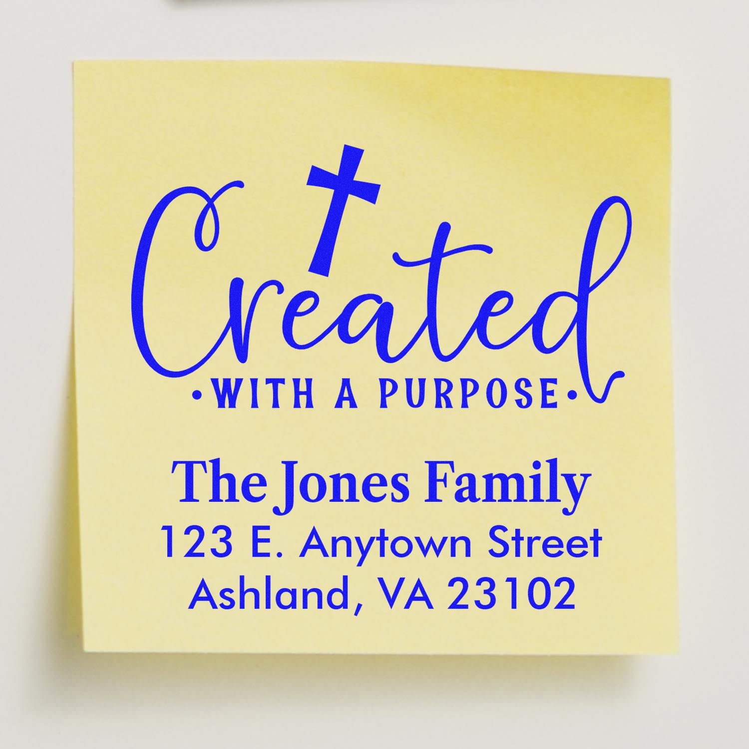 Custom return address rubber stamp with Created with a Purpose design for The Jones Family, Ashland, VA.