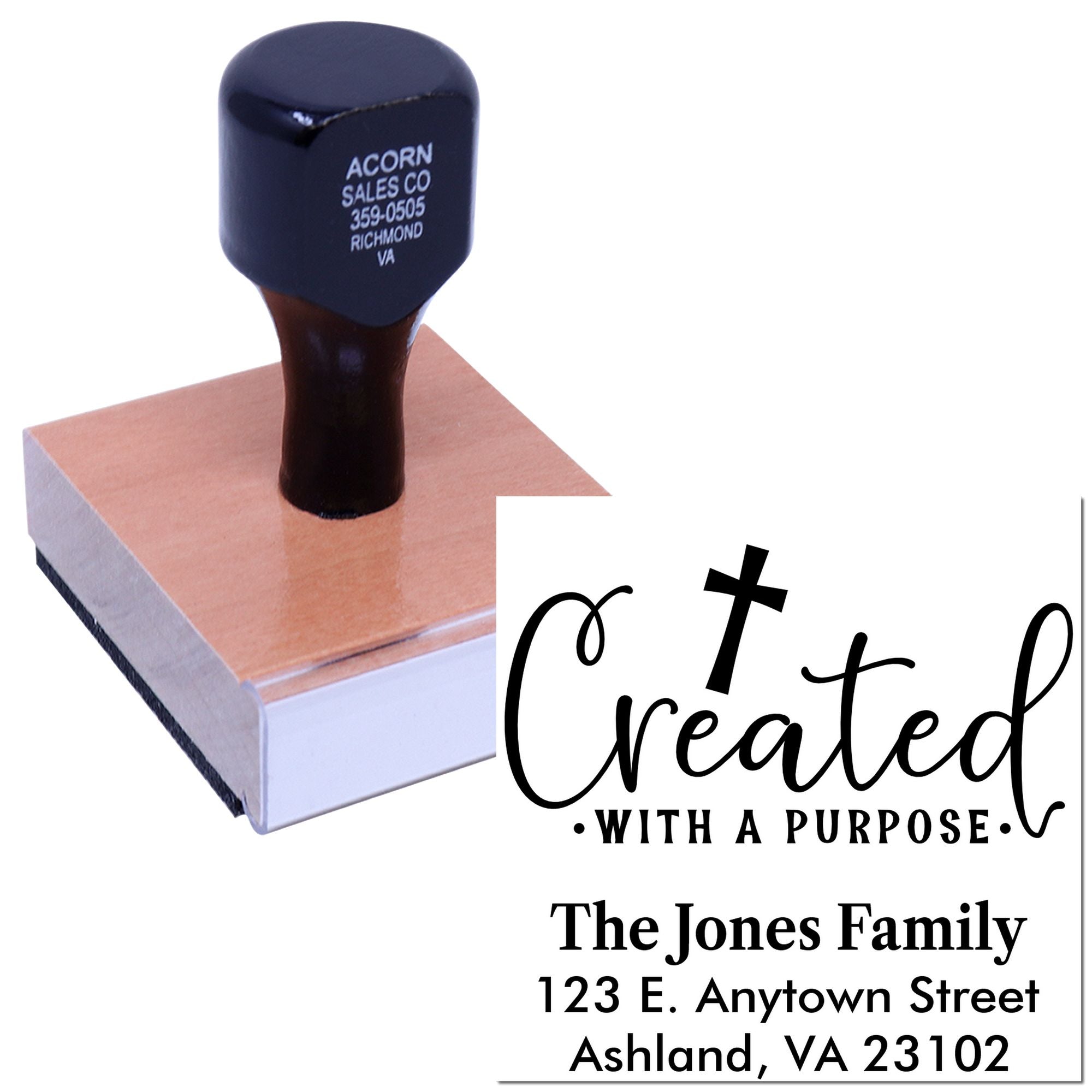 Custom rubber address stamp with cross design and Created with a Purpose family return address.