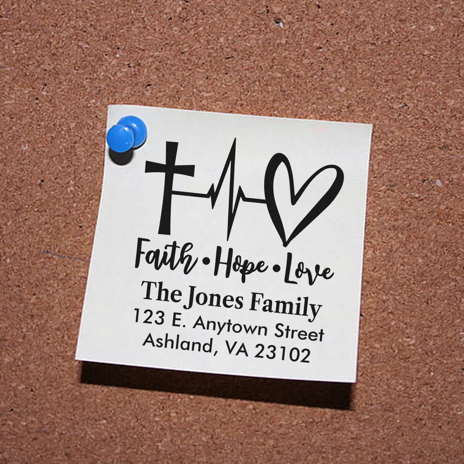Custom faith, hope, love family return address rubber stamp with cross, heartbeat heart design for The Jones Family.