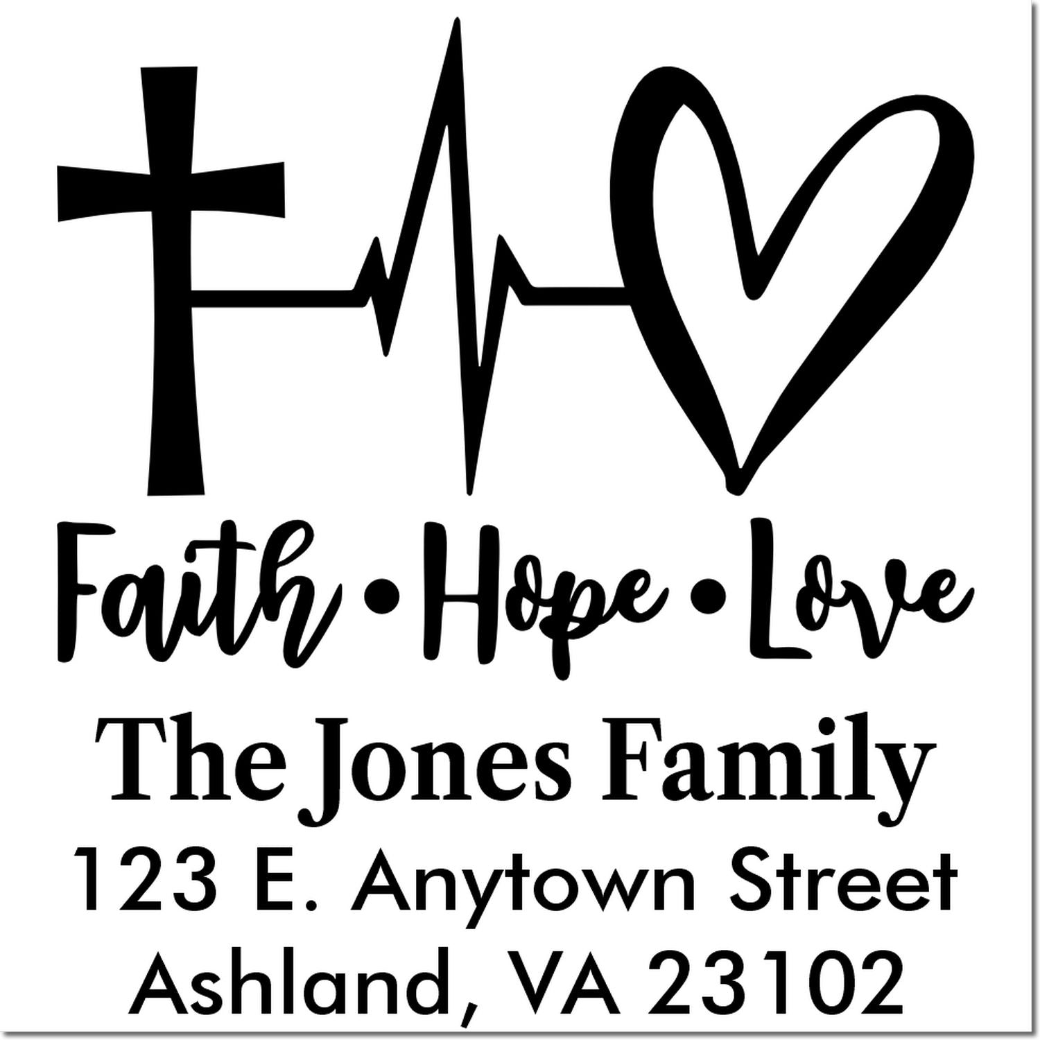 Custom Faith Hope Love return address rubber stamp with cross, heartbeat heart, The Jones Family, Ashland VA.