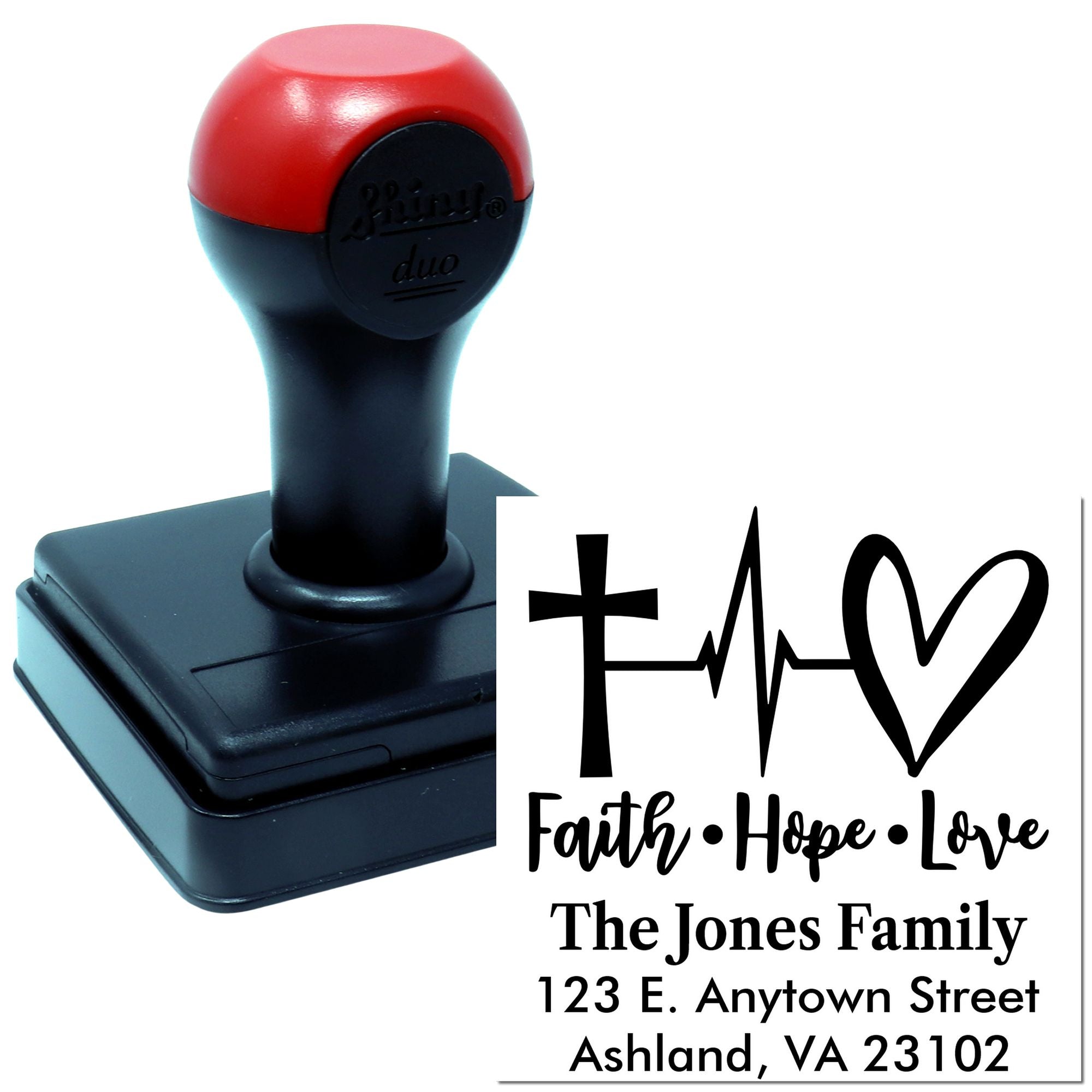 Custom self-inking rubber stamp with Faith Hope Love cross design and Jones Family return address