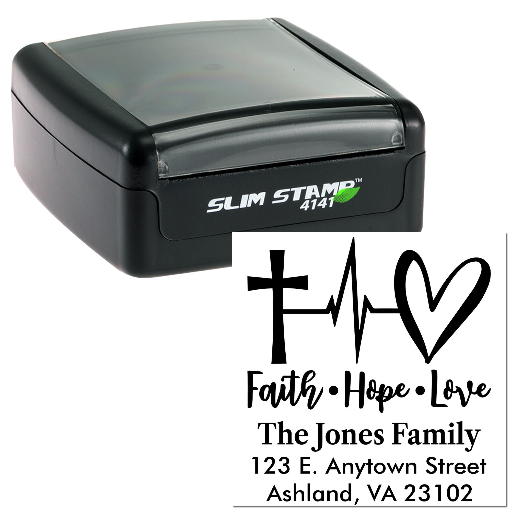 Slim Stamp 4141 custom self-inking rubber stamp with faith hope love cross-and-heart family address design