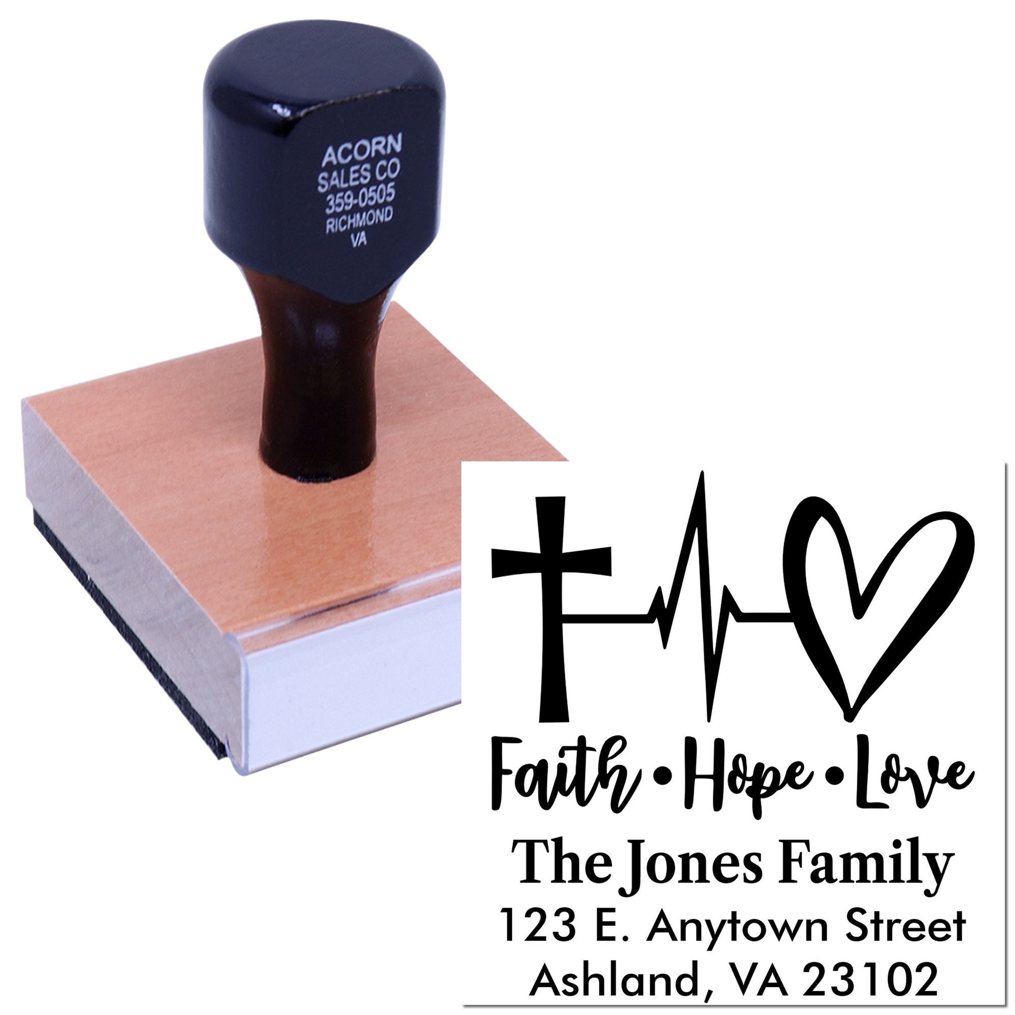 Custom rubber stamp with Faith Hope Love design and family address for personalized return addressing, church, or gifts.
