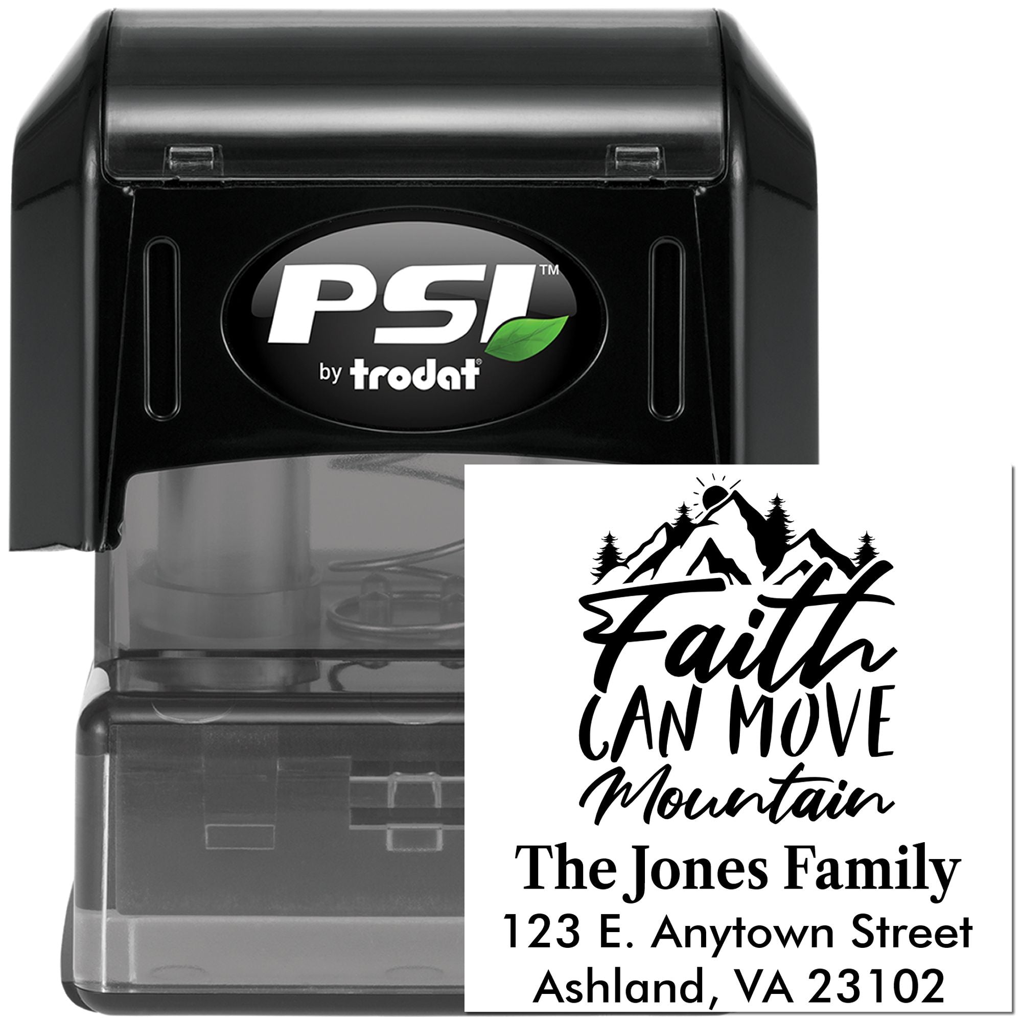 PSI by Trodat custom self-inking rubber address stamp with faith can move mountain design for The Jones Family.