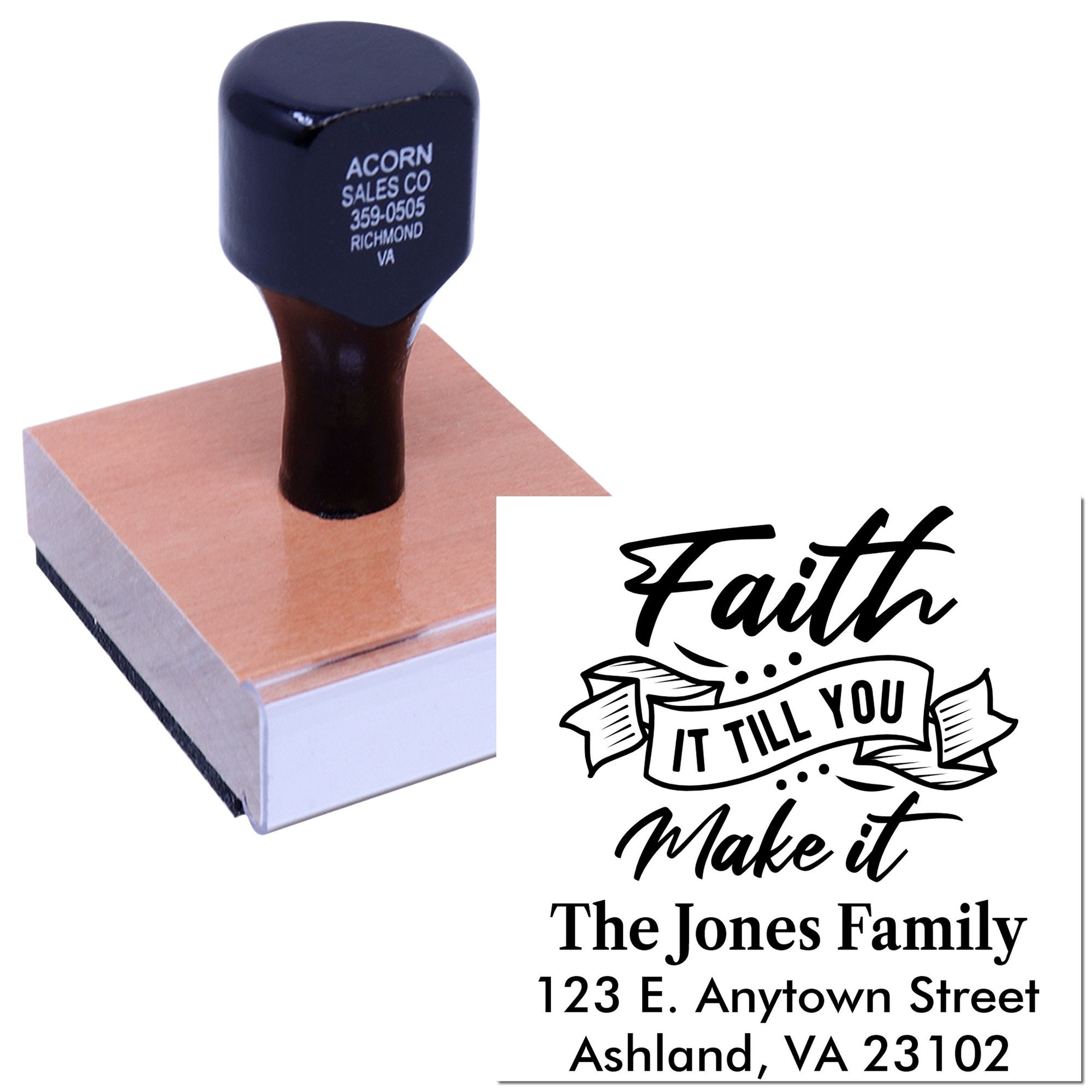 Custom rubber address stamp with Faith it till you make it design and family name for personalized mail and crafts.