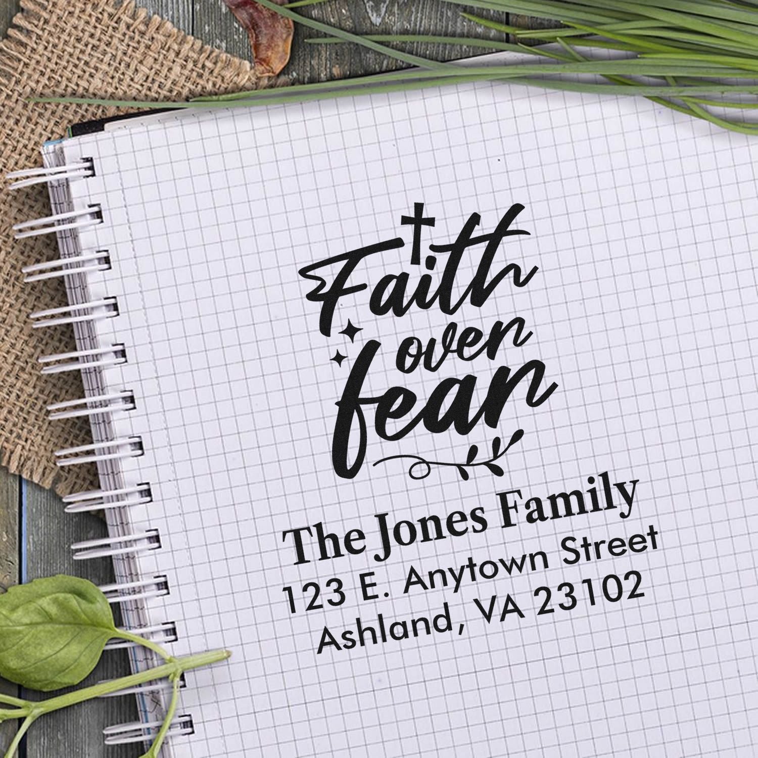Faith Over Fear custom rubber stamp with family name and address, perfect for Christian stationery, envelopes, and gift packaging.