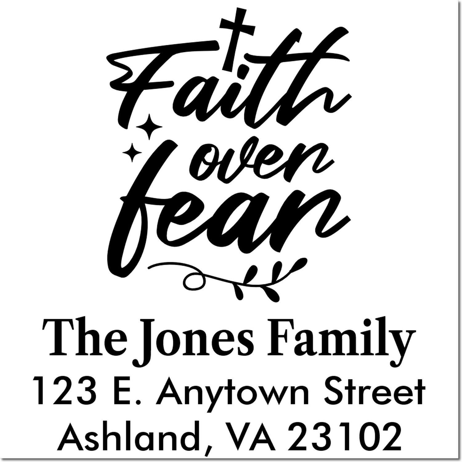 Custom Faith Love Jean rubber stamp with family name and return address, The Jones Family, Ashland, VA 23102.
