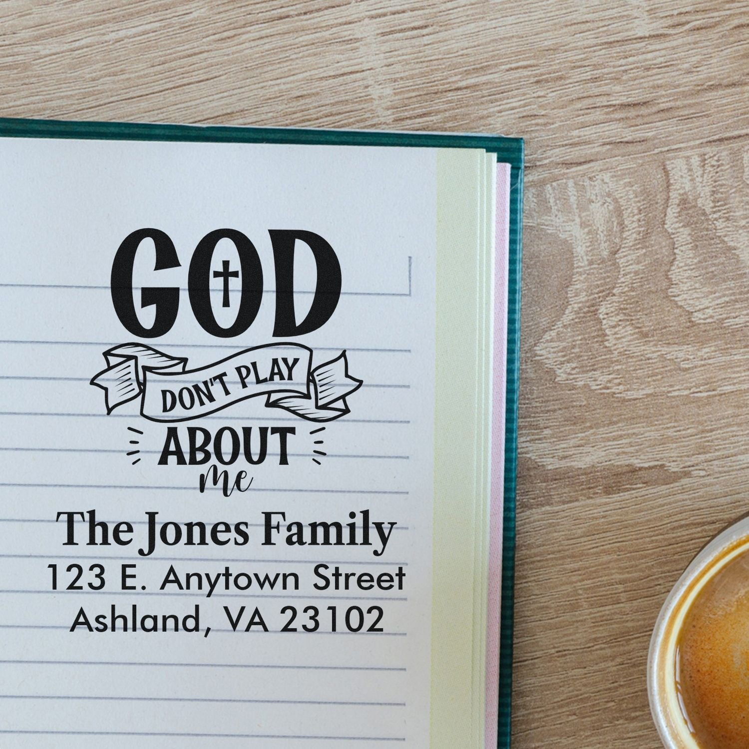 Custom faith-inspired address rubber stamp impression for The Jones Family, with name and mailing address on notebook paper.