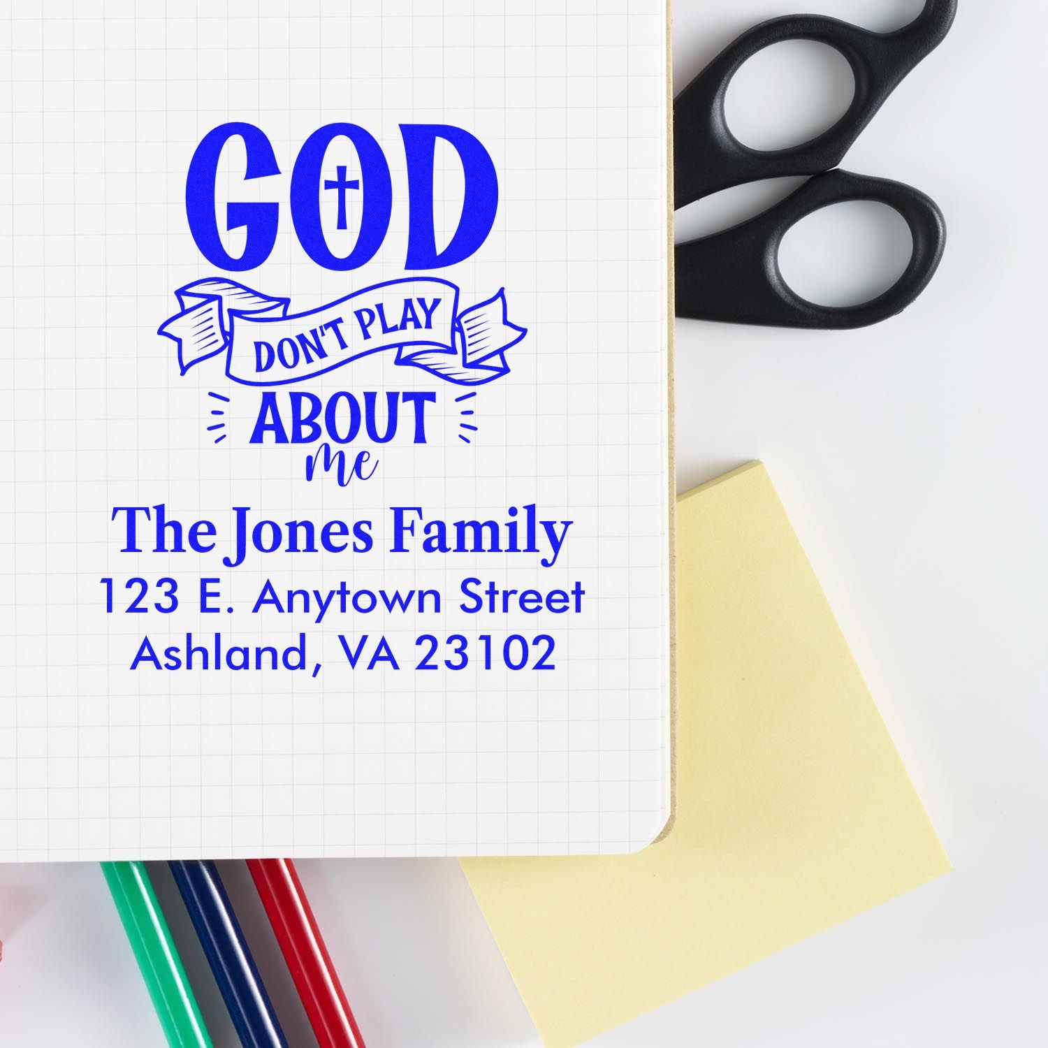 Personalized address rubber stamp design with faith quote, The Jones Family name, and Ashland, VA address.