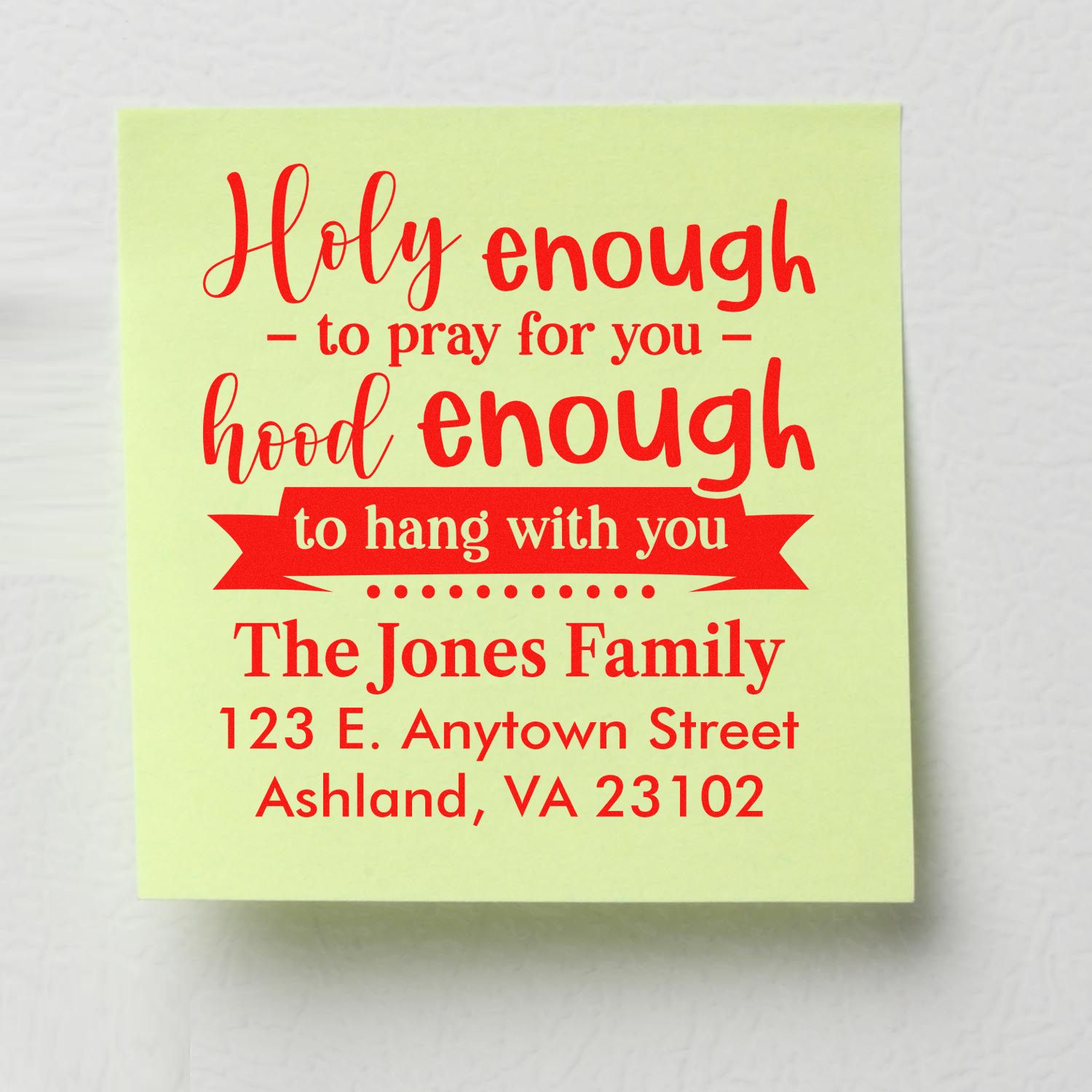 Custom return address rubber stamp with faith-based family slogan and personalized address design