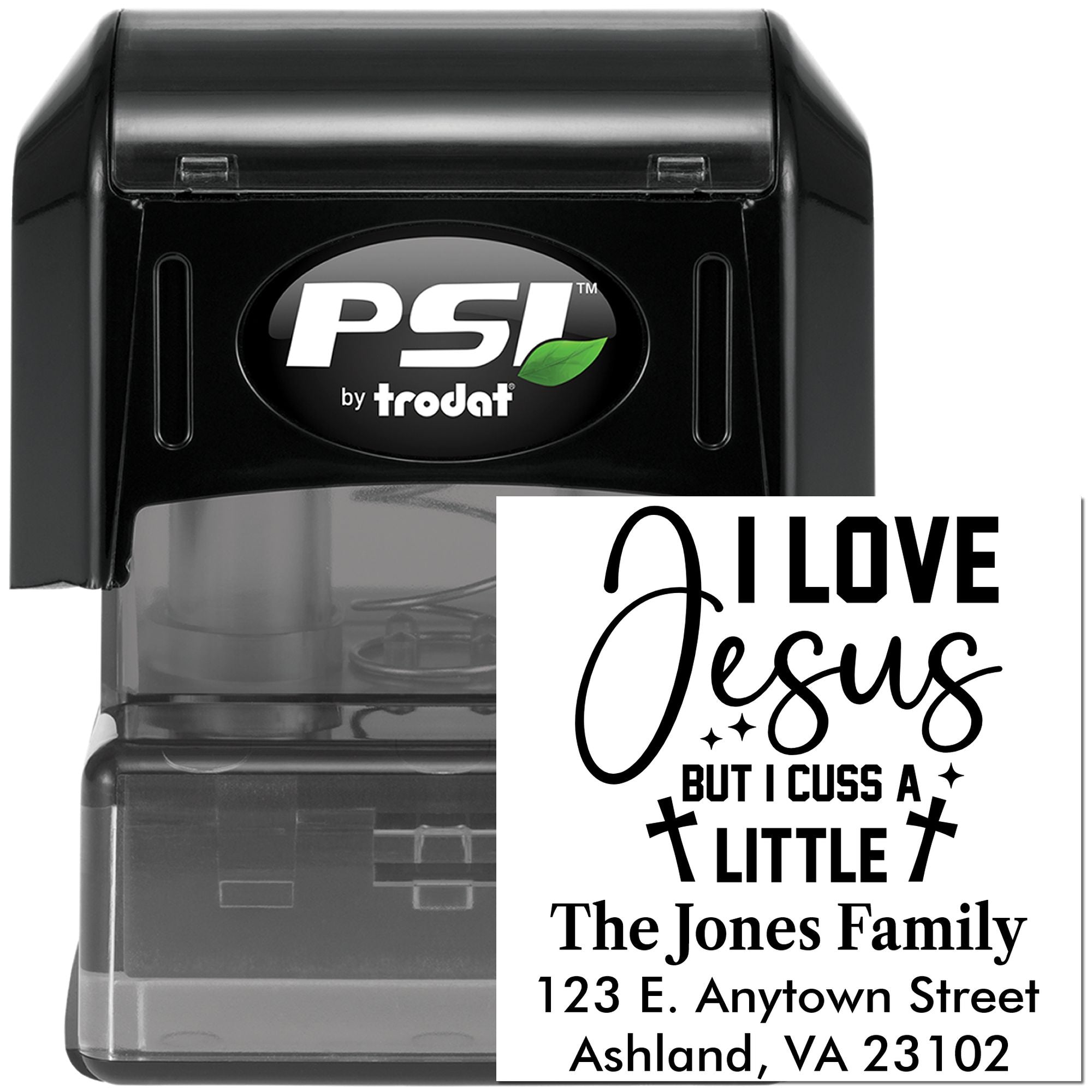Custom self-inking rubber address stamp by PSI Trodat with Christian quote and personalized family return address.