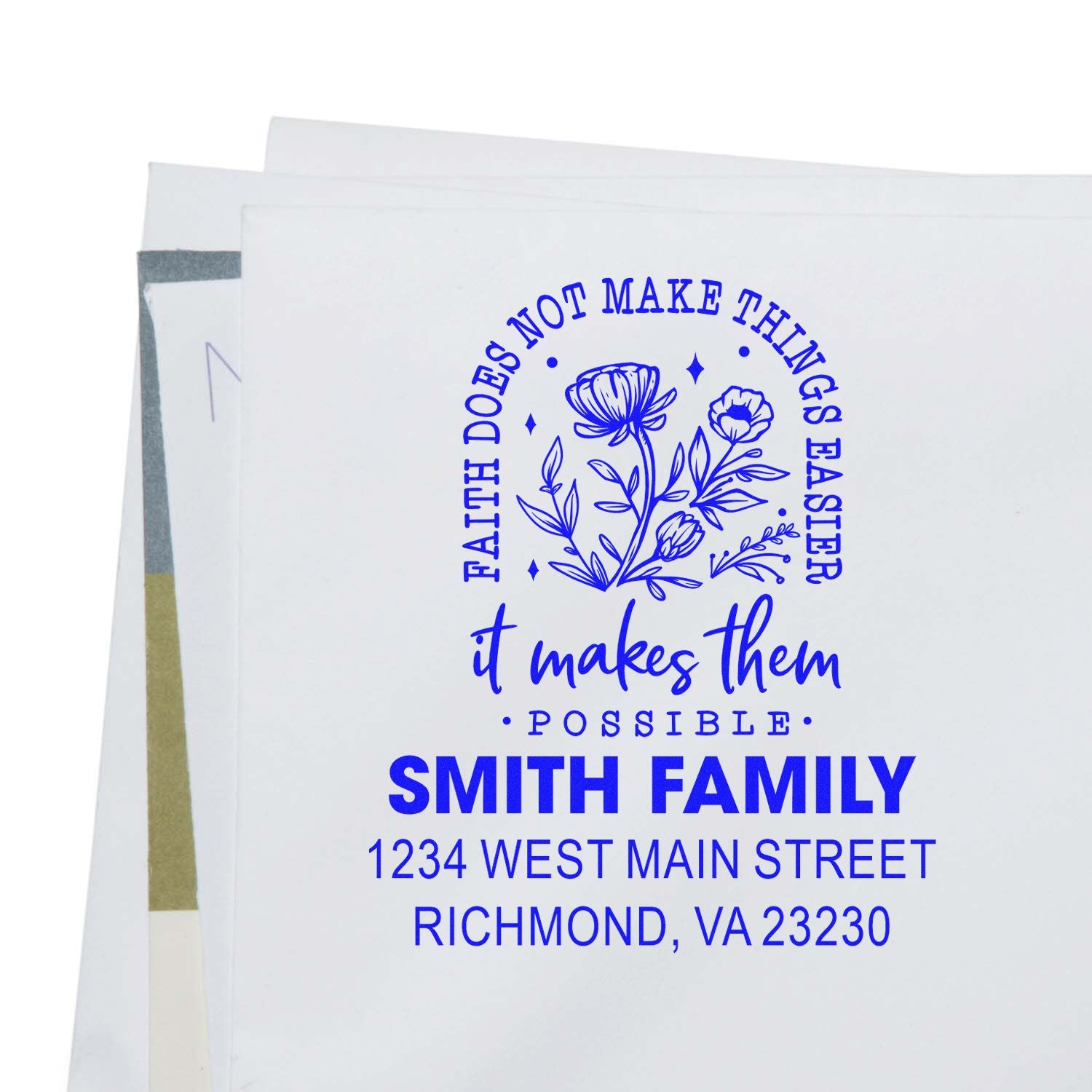 Custom rubber stamp with floral quote and Smith Family return address for personalized envelope addressing.