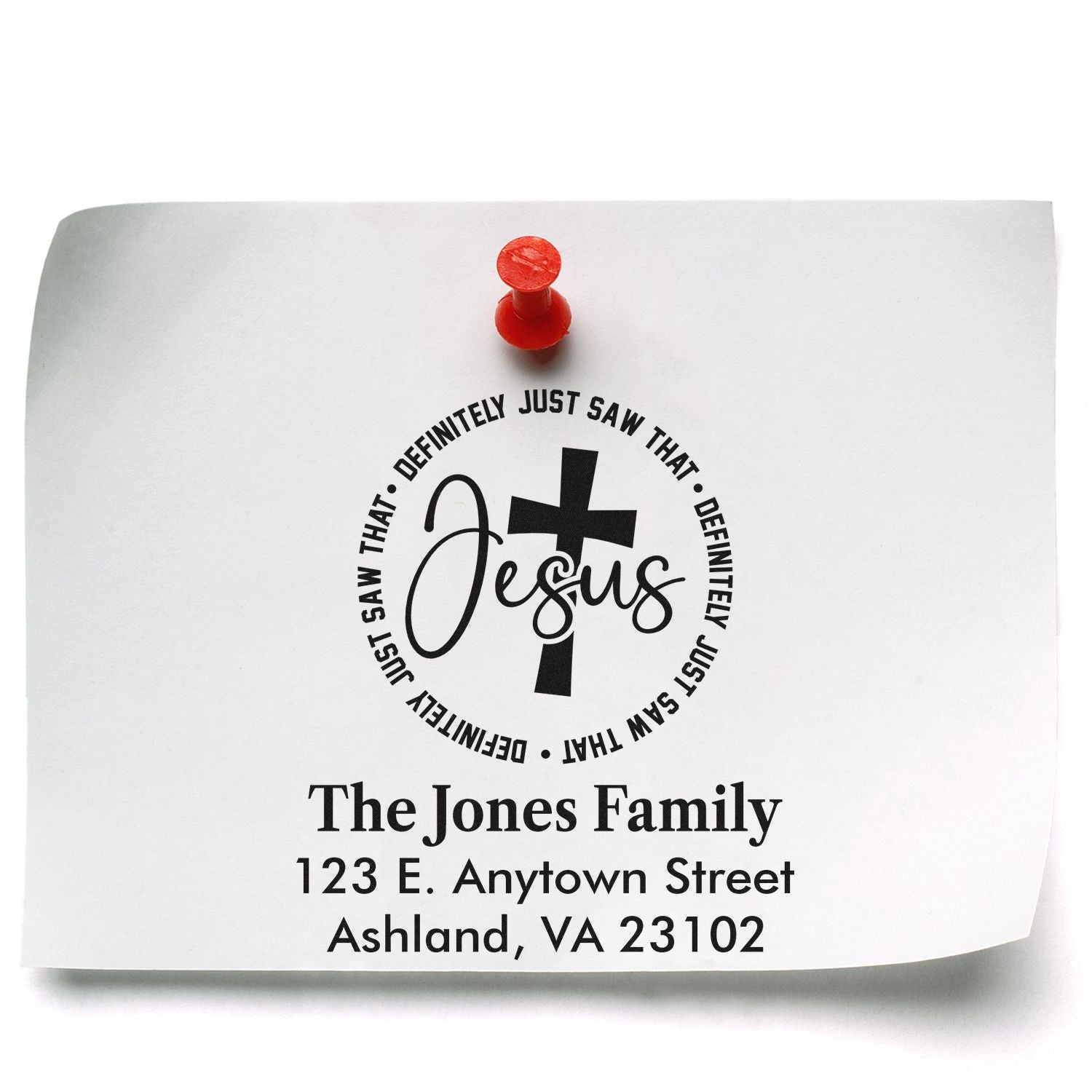 Custom Christian family return address rubber stamp with Jesus cross design for The Jones Family, Ashland VA.