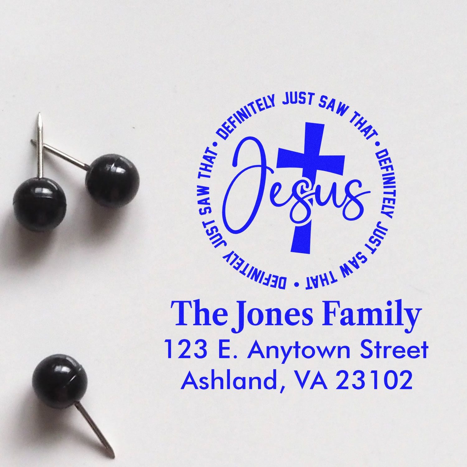 Custom Christian return address rubber stamp for The Jones Family, featuring Jesus cross design and Ashland, VA address.