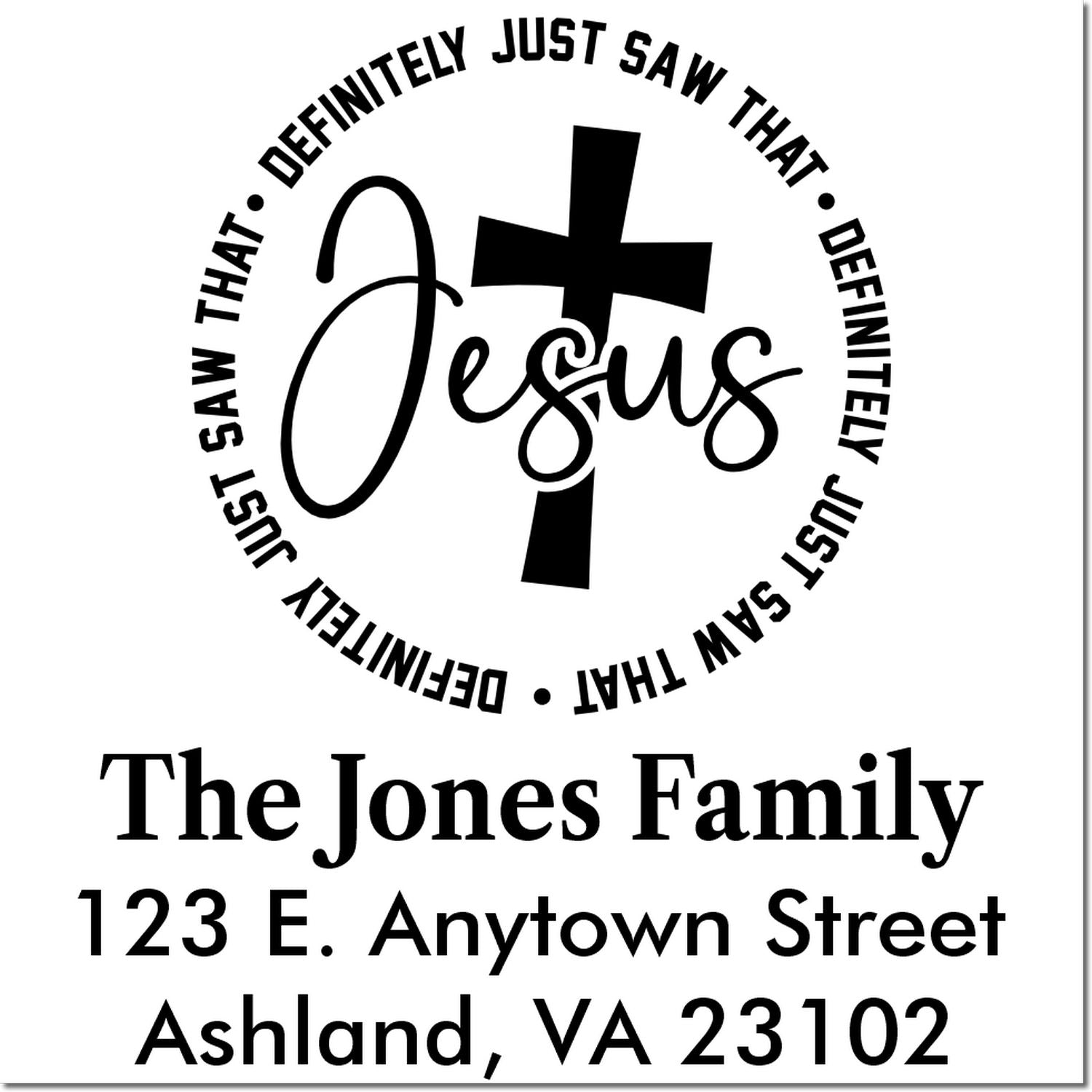 Personalized Christian return address rubber stamp with Jesus cross design, The Jones Family, and mailing address.