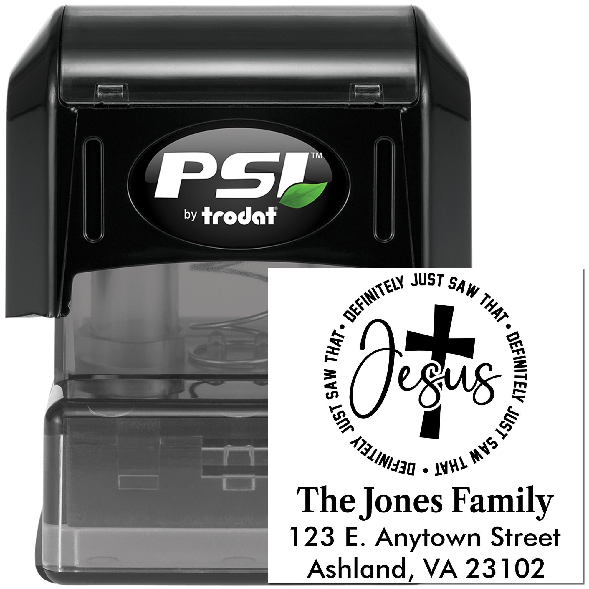 Custom PSI by Trodat self-inking rubber stamp with cross and family address design for personalized return mailing.