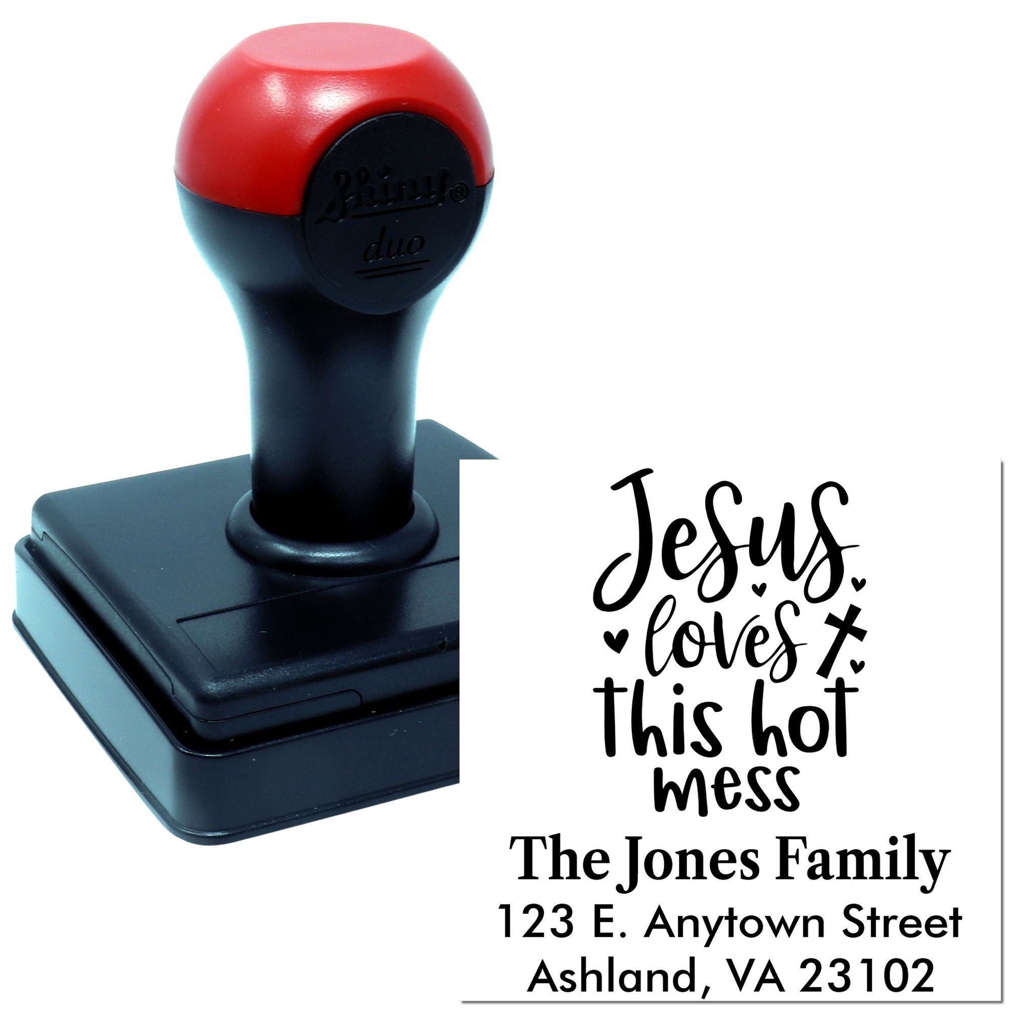 Personalized self-inking rubber stamp with Jesus loves this hot mess and family return address for custom mailings.