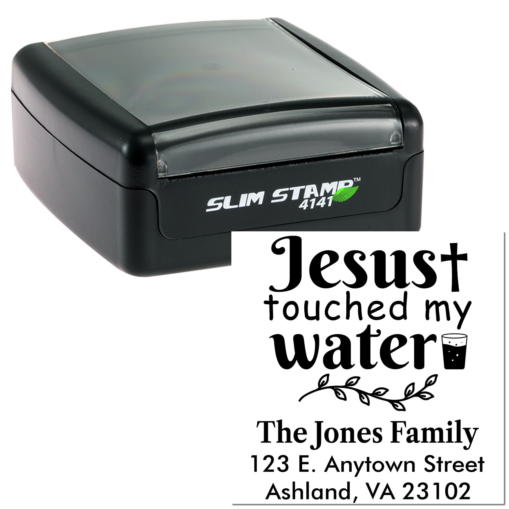 Custom self-inking rubber stamp with Jesus touched my water design and family address return label imprint.