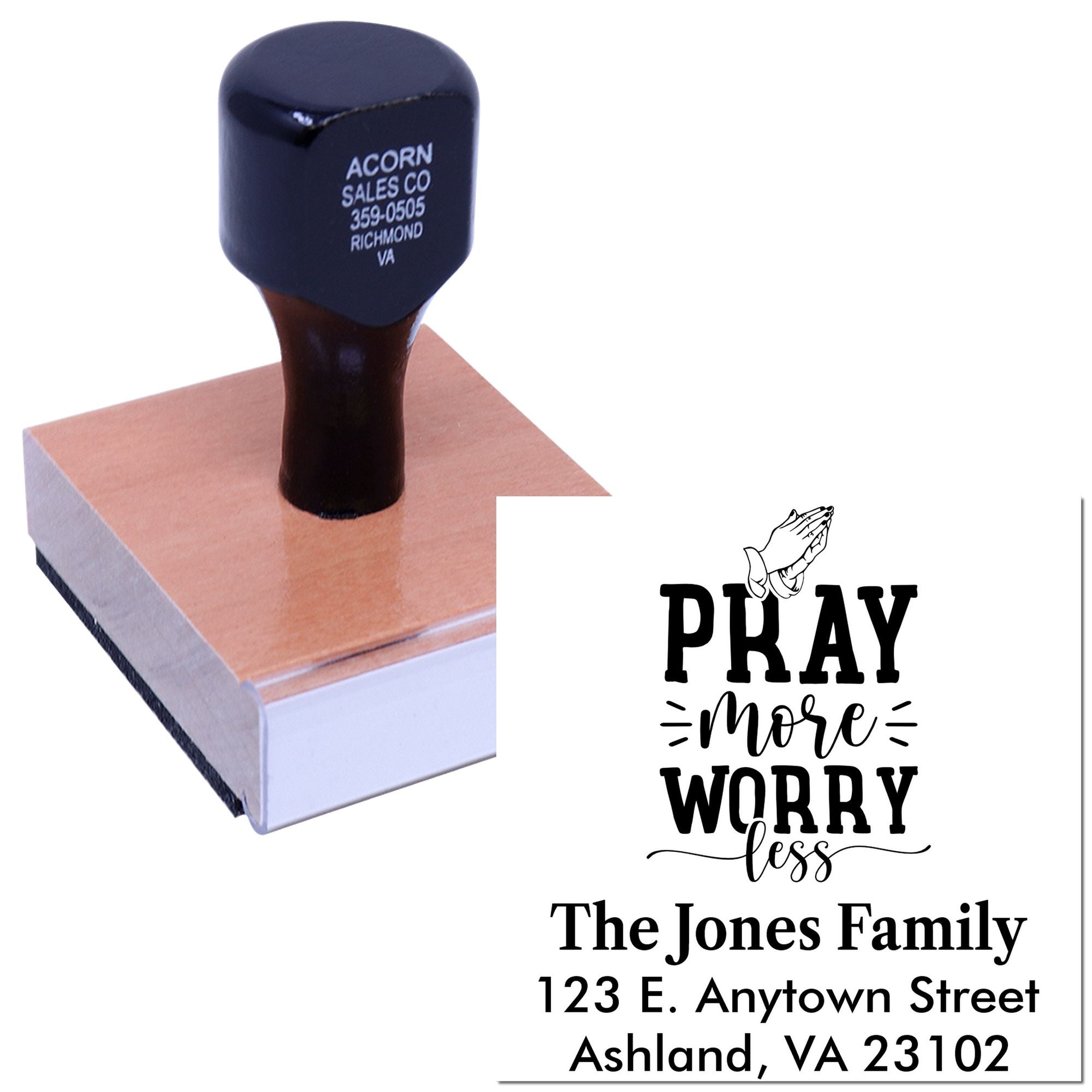 Custom rubber stamp with Pray More Worry Less design, family name, and address for personalized faith-based mailing.