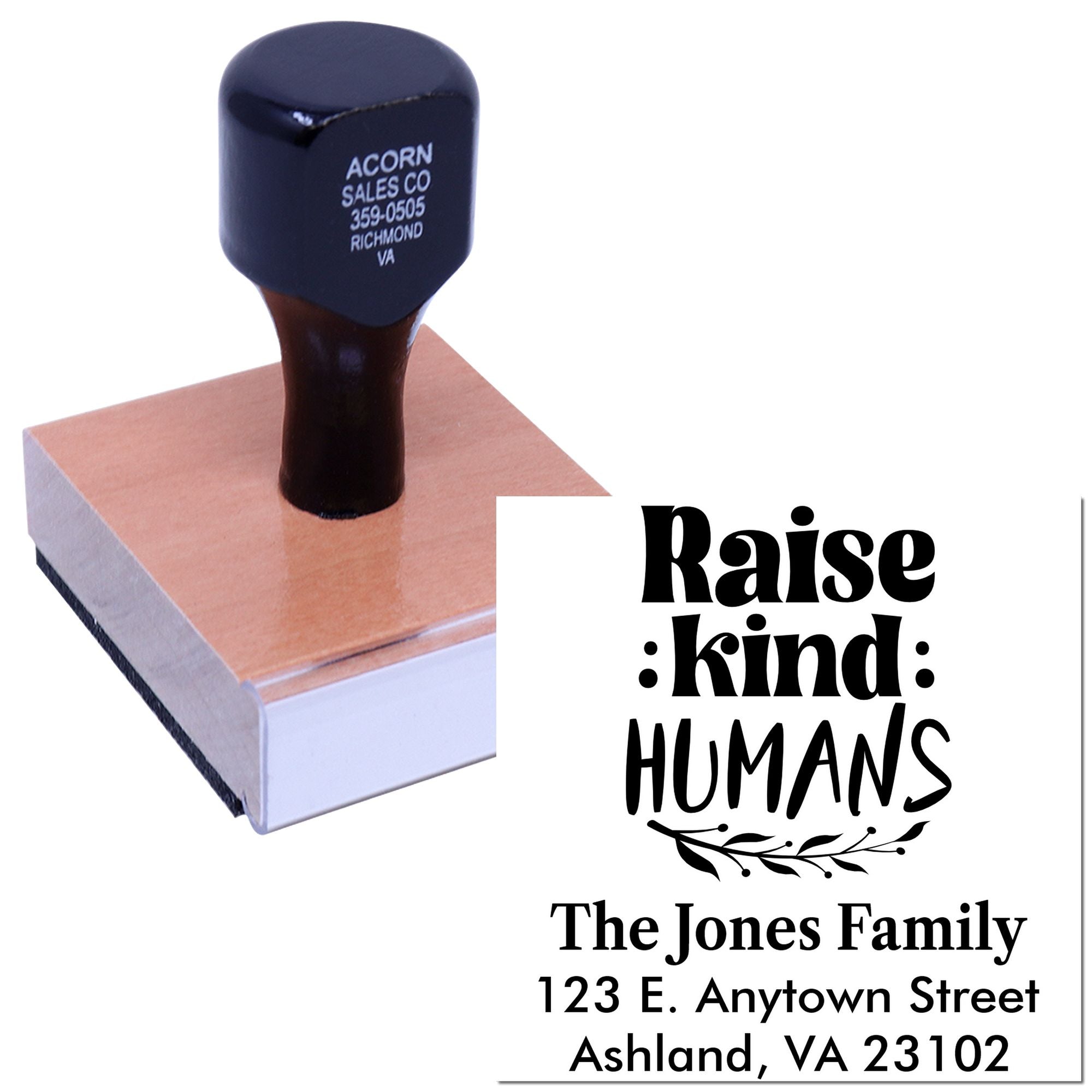 Custom rubber stamp with Raise kind humans family address design for personalized stationery and packaging.